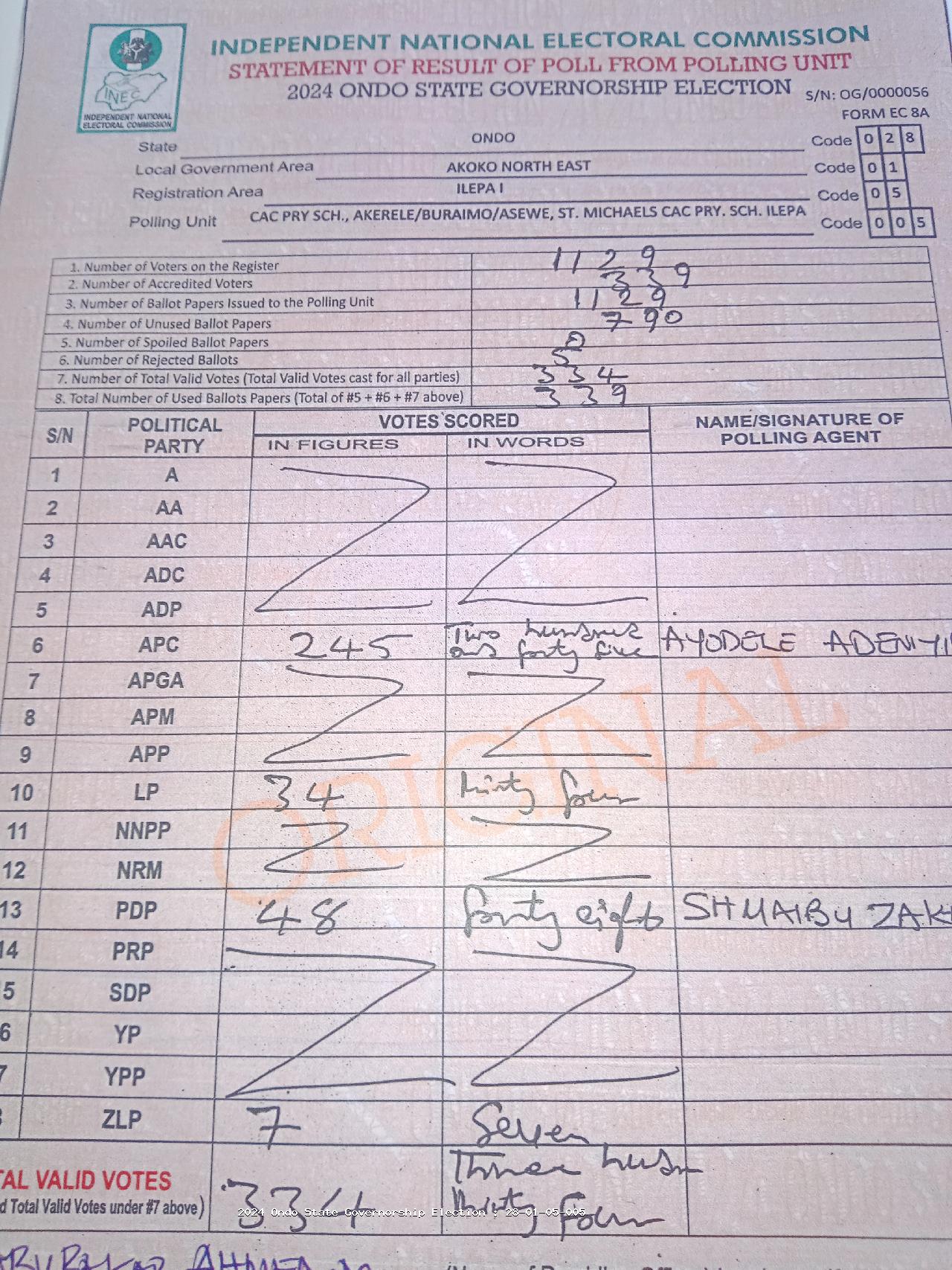 Result sheet for polling unit 28/01/05/005, Cac Pry Sch., Akerele/Buraimo/Asewe, St. Michaels Cac Pry. Sch. Ilepa
