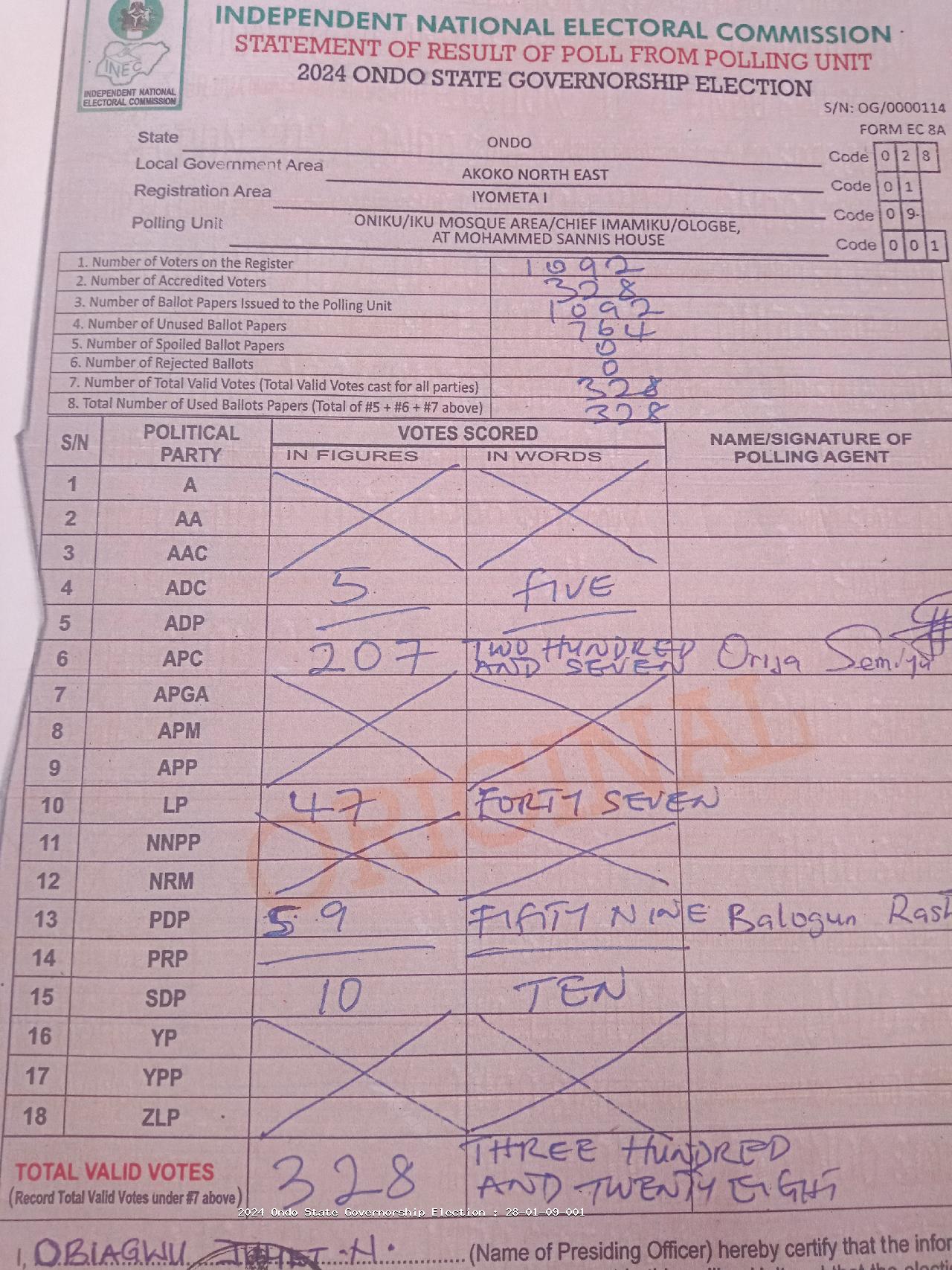 Result sheet for polling unit 28/01/09/001, Oniku/Iku Mosque Area/Chief Imamiku/Ologbe, At Mohammed Sannis House