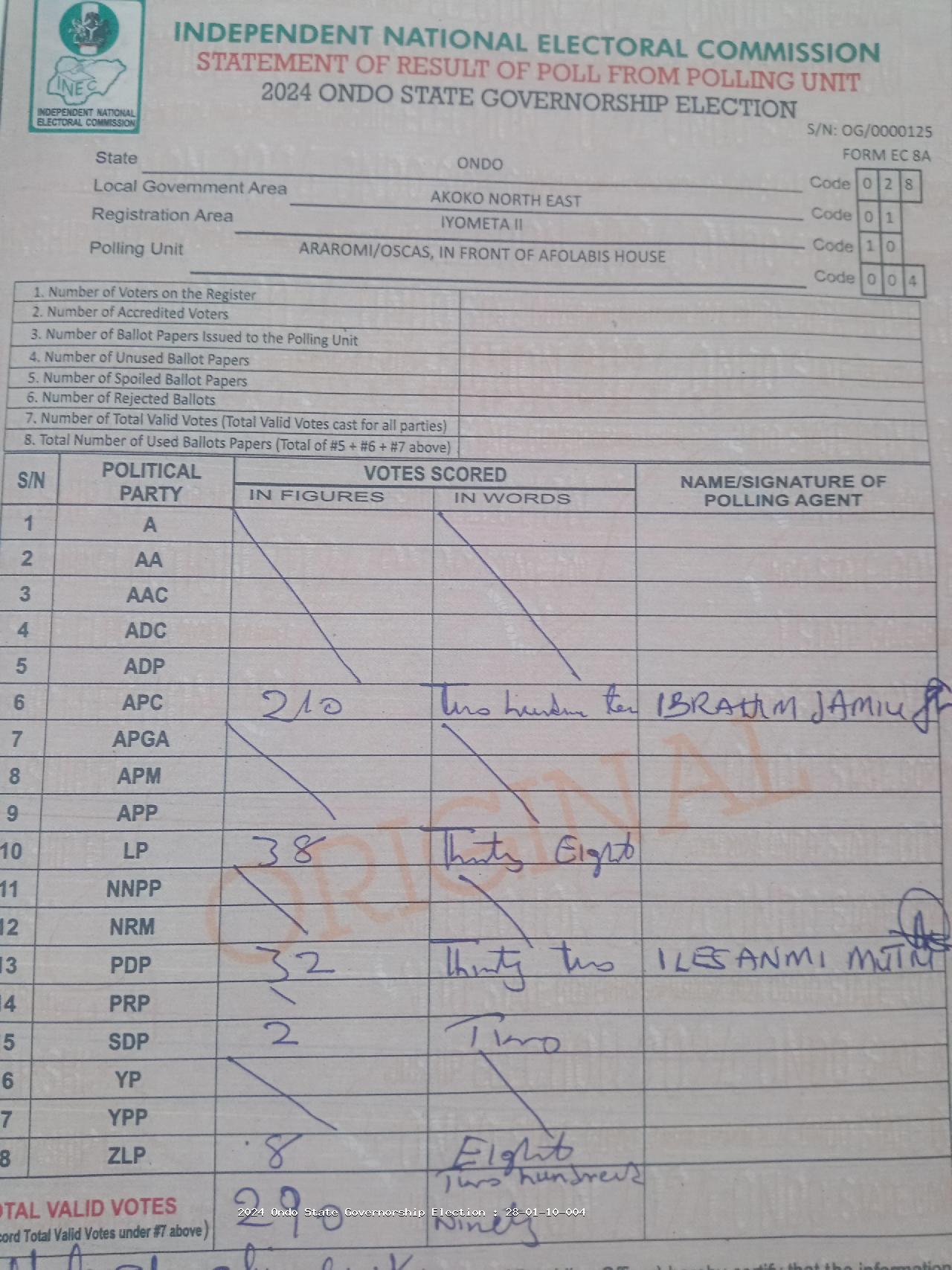 Result sheet for polling unit 28/01/10/004, Araromi/Oscas, In Front Of Afolabis House
