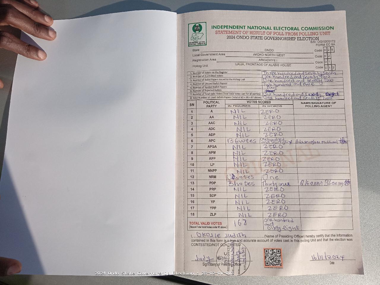 Result sheet for polling unit 28/02/01/013, Ijaija, Frontage Of Alabis House