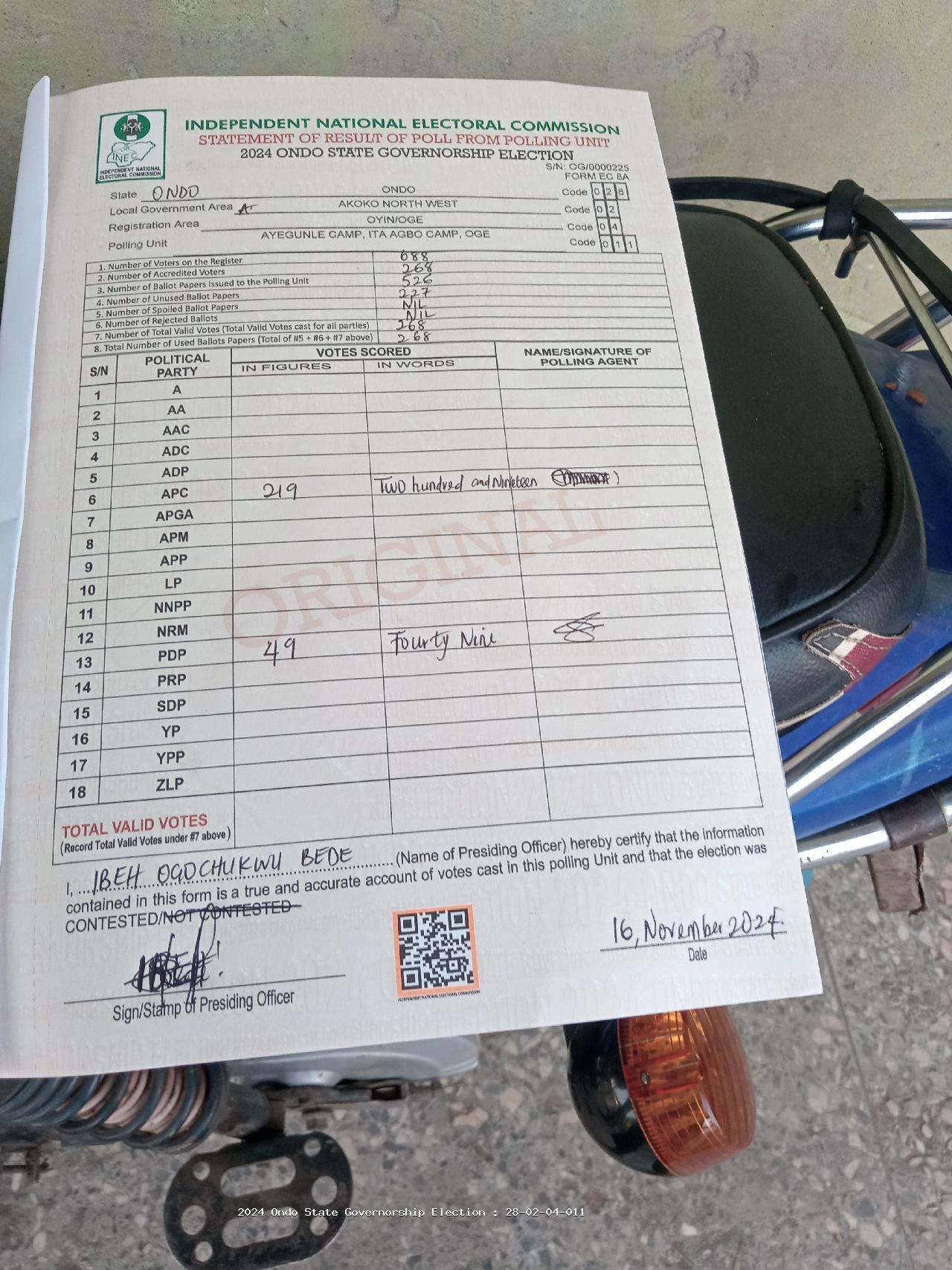 Result sheet for polling unit 28/02/04/011, Ayegunle Camp, Ita Agbo Camp, Oge