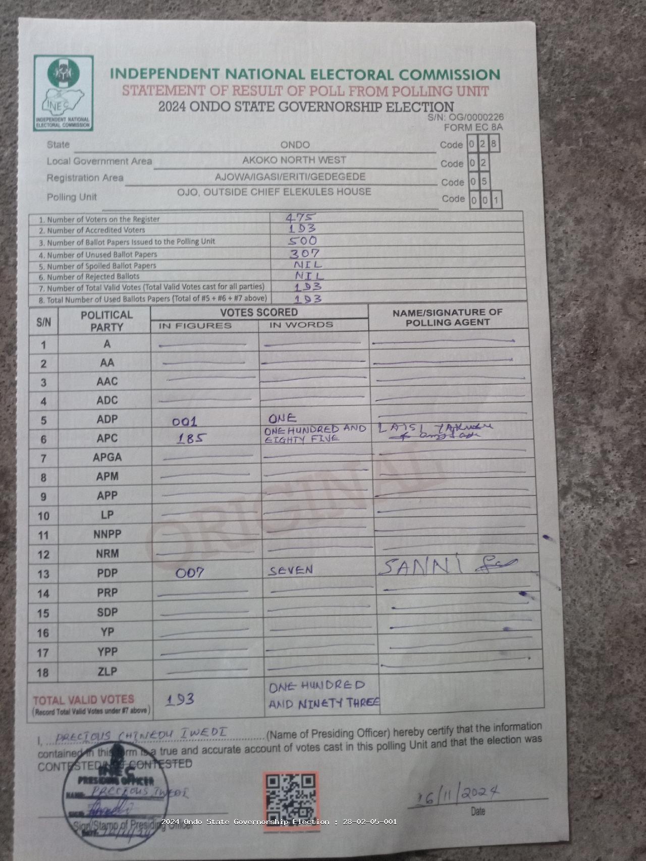 Result sheet for polling unit 28/02/05/001, Ojo, Outside Chief Elekules House