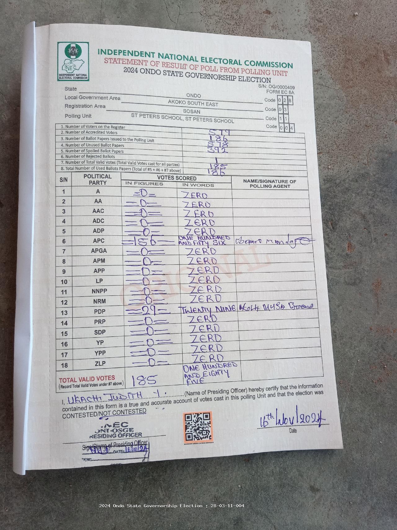 Result sheet for polling unit 28/03/11/004, St Peters School, St Peters School