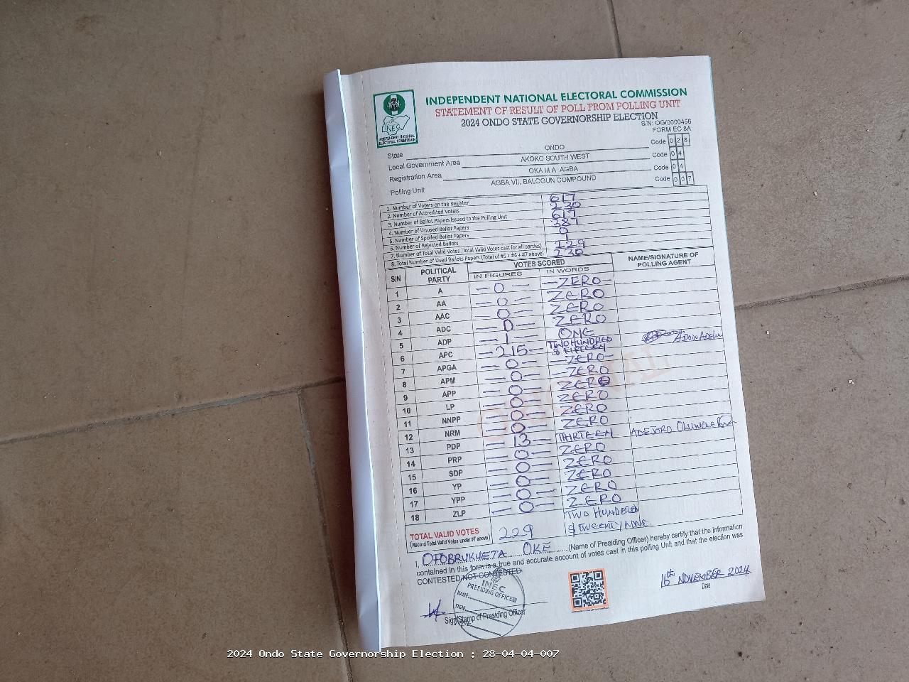 Result sheet for polling unit 28/04/04/007, Agba Vii, Balogun Compound
