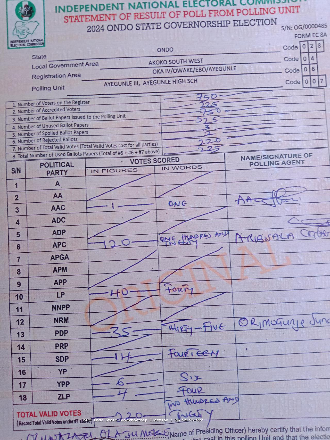 Result sheet for polling unit 28/04/06/007, Ayegunle III, Ayegunle High Sch