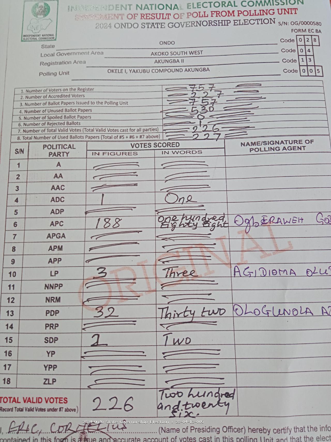 Result sheet for polling unit 28/04/13/005, Okele I, Yakubu Compound Akungba