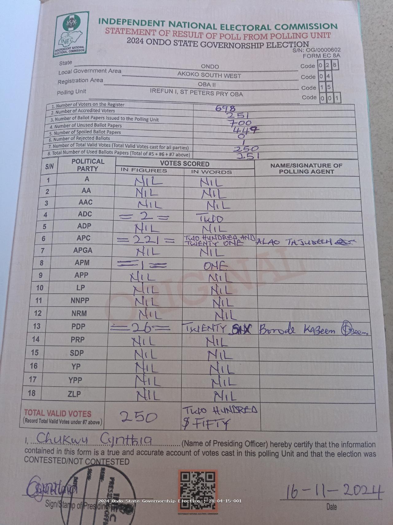 Result sheet for polling unit 28/04/15/001, Irefun I, St Peters Pry Oba