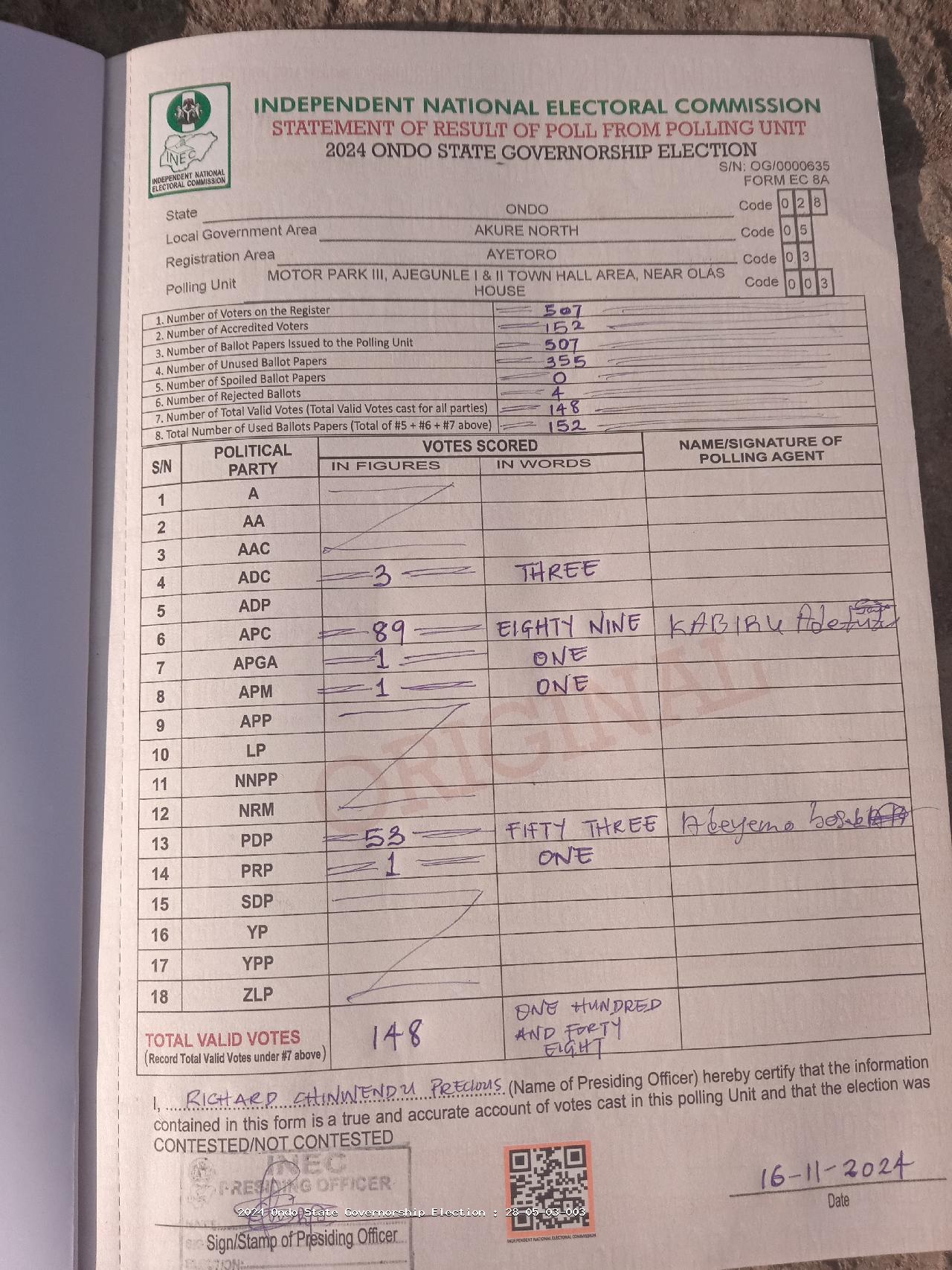 Result sheet for polling unit 28/05/03/003, Motor Park III, Ajegunle I & II Town Hall Area, Near Olas House