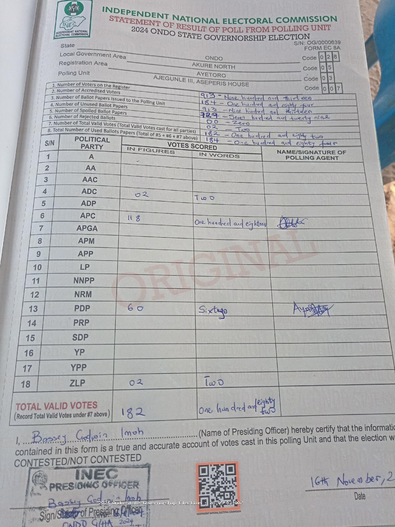 Result sheet for polling unit 28/05/03/007, Ajegunle III, Aseperis House