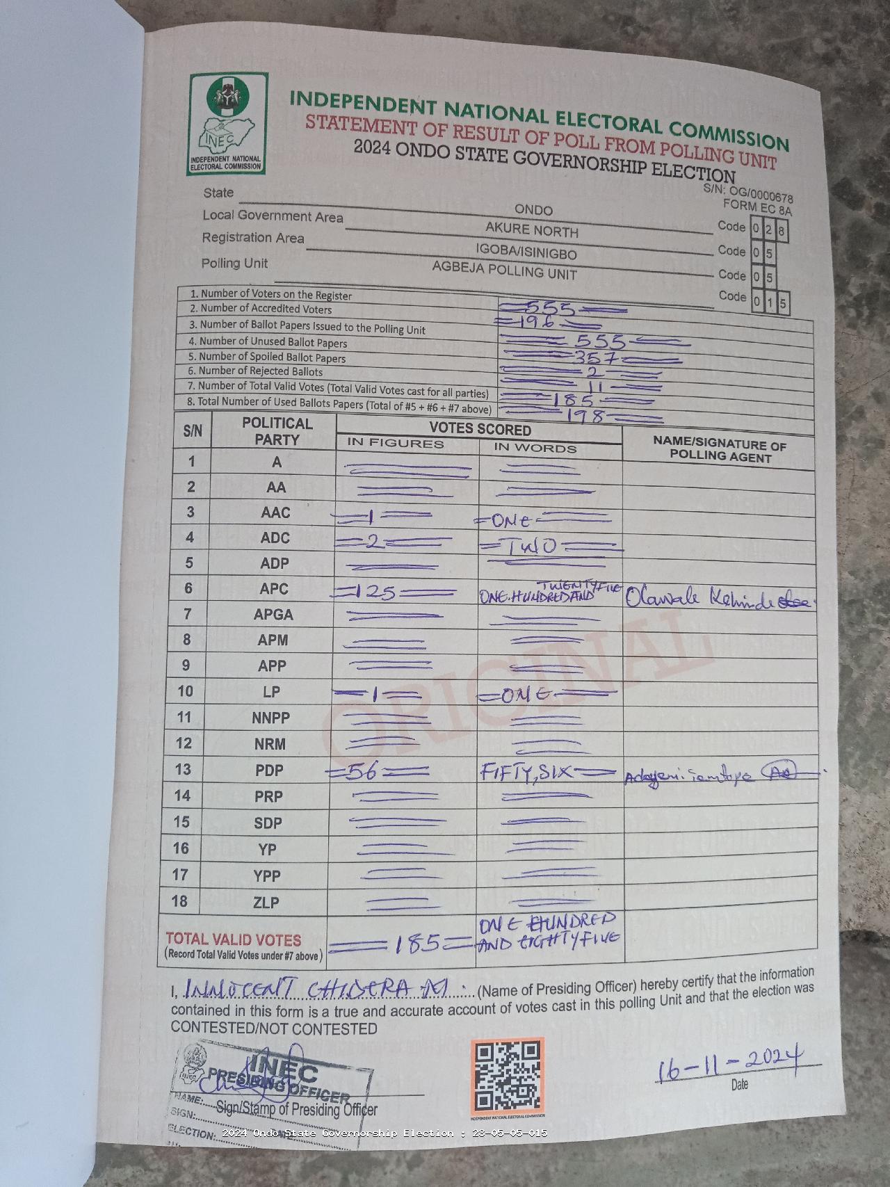 Result sheet for polling unit 28/05/05/015, Agbeja Polling Unit
