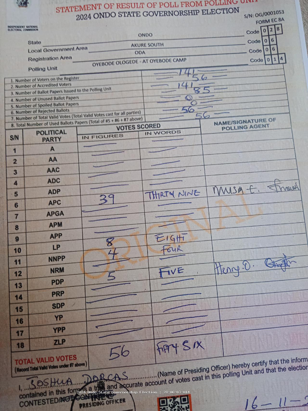 Result sheet for polling unit 28/06/03/014, Police Quarters - Baptist Pry Sch