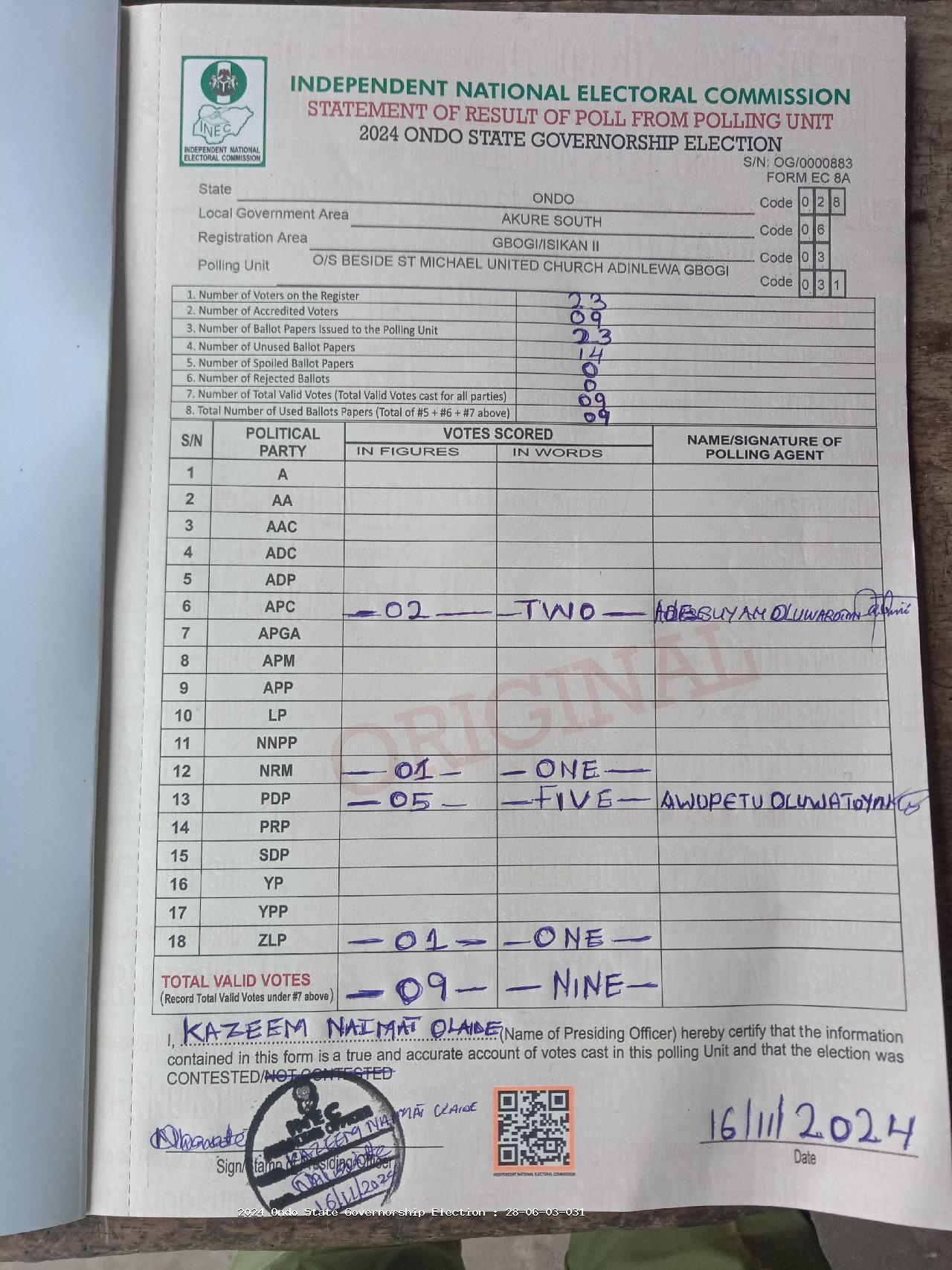 Result sheet for polling unit 28/06/03/031, O/S Beside St Michael United Church Adinlewa Gbogi