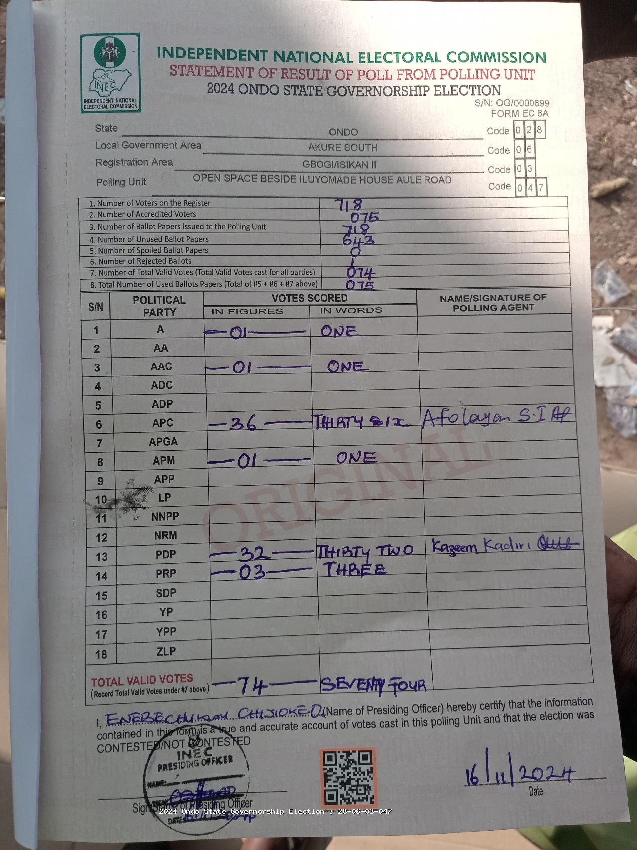 Result sheet for polling unit 28/06/03/047, Open Space Beside Iluyomade House Aule Road