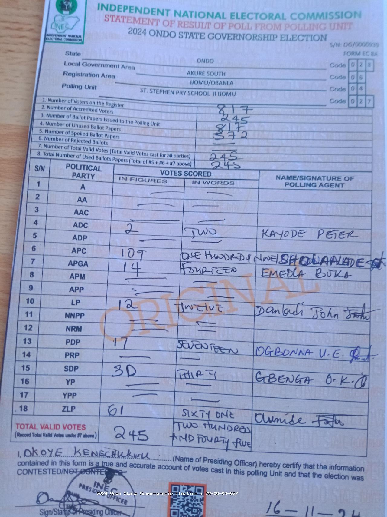 Result sheet for polling unit 28/06/04/027, St. Stephen Pry School II Ijomu