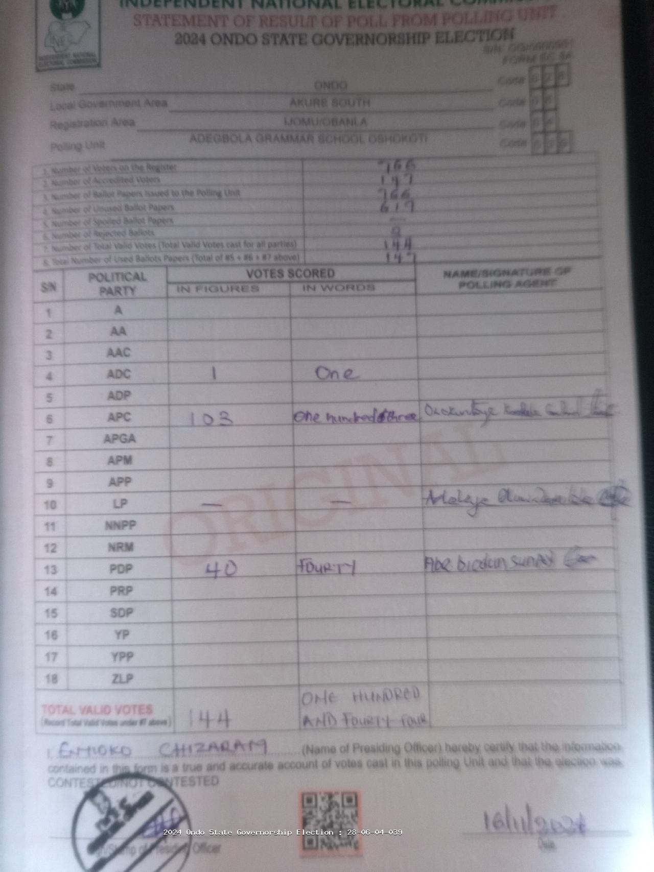 Result sheet for polling unit 28/06/04/039, Adegbola Grammar School Oshokoti