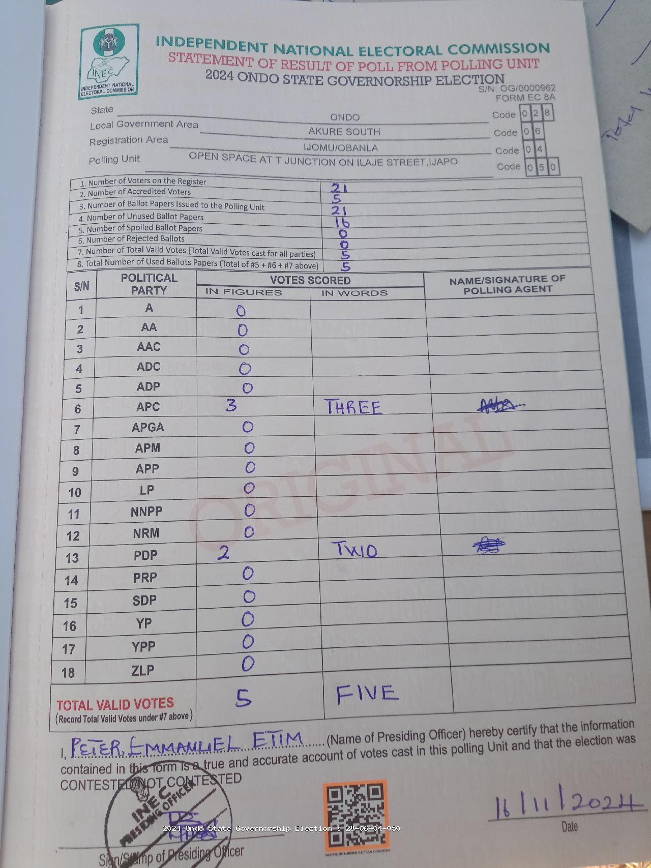 Result sheet for polling unit 28/06/04/050, Open Space At T Junction On Ilaje Street,Ijapo