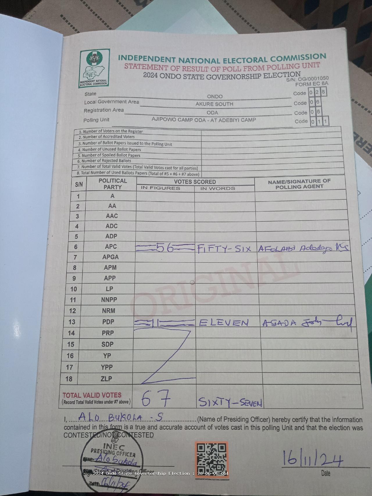 Result sheet for polling unit 28/06/06/011, Ajipowo Camp Oda - At Adebiyi Camp