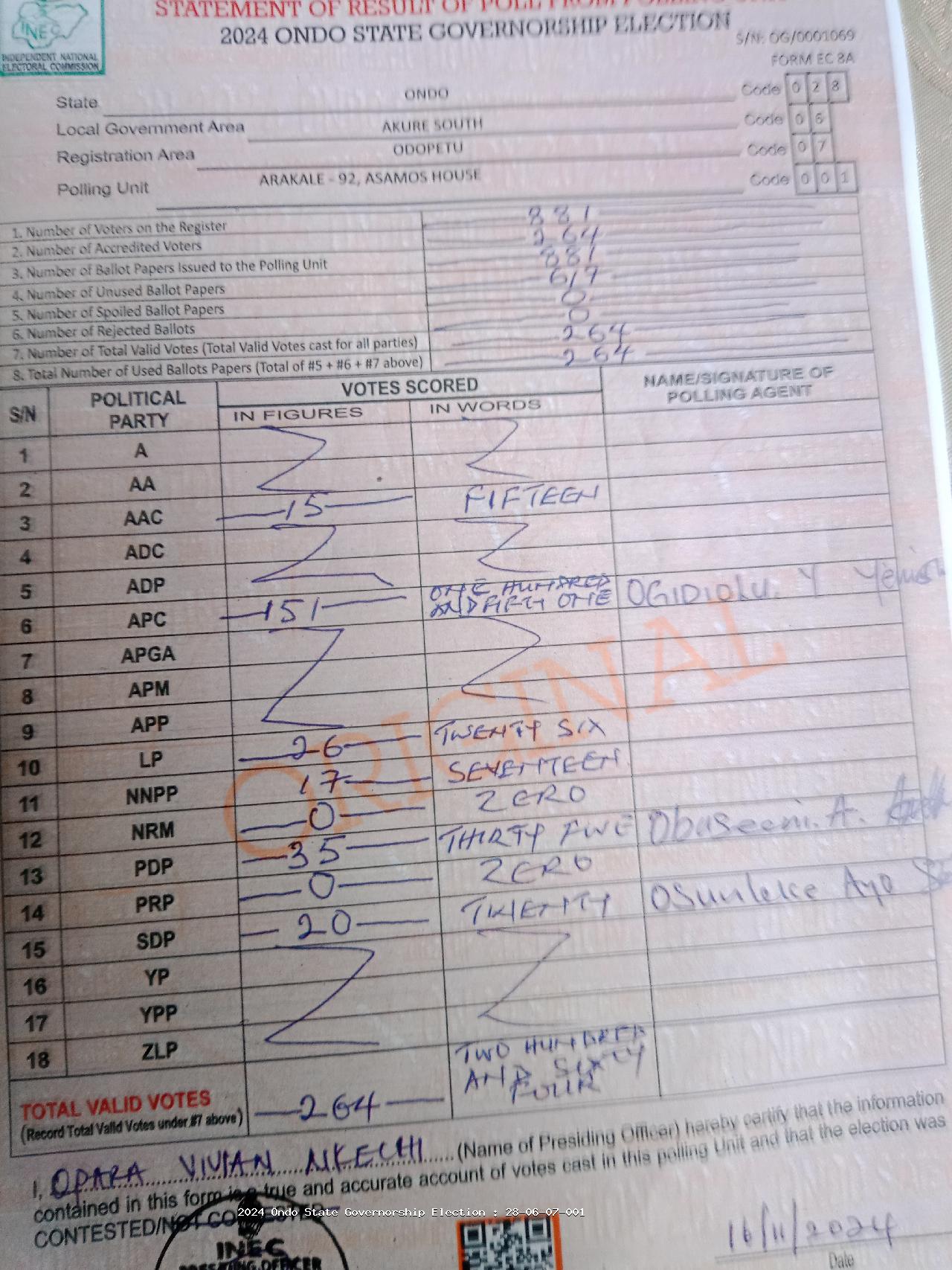 Result sheet for polling unit 28/06/07/001, Arakale - 92, Asamos House
