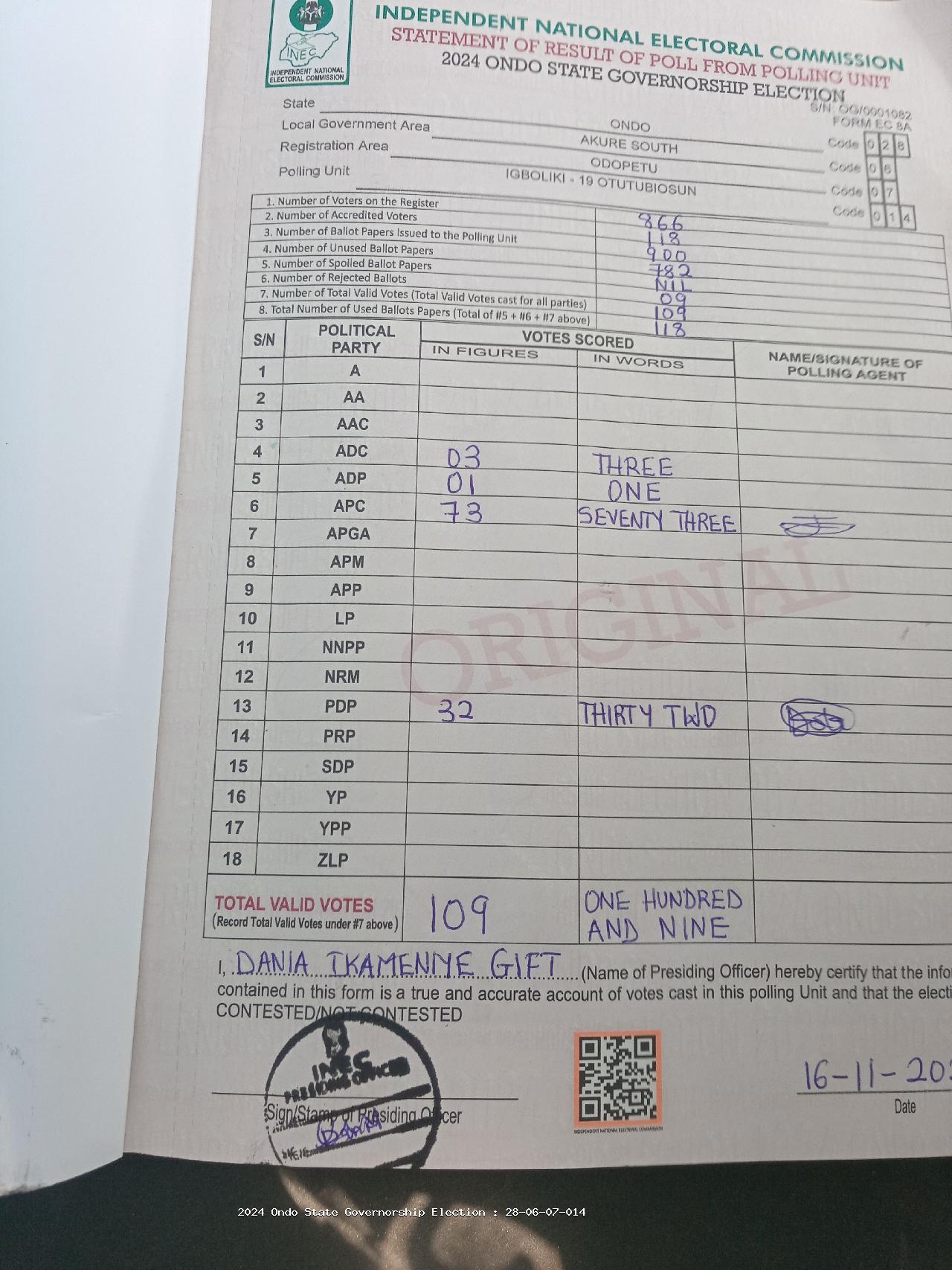 Result sheet for polling unit 28/06/07/014, Igboliki - 19 Otutubiosun