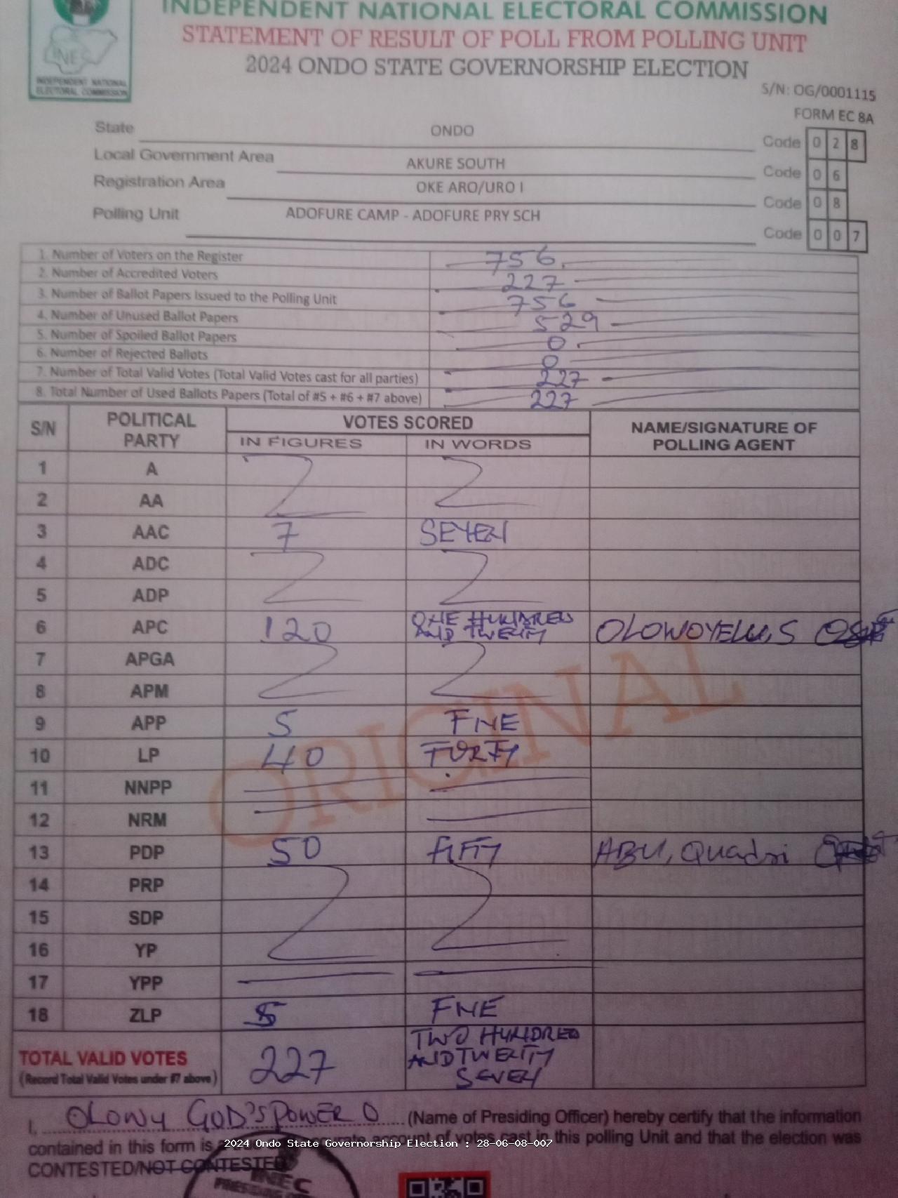 Result sheet for polling unit 28/06/08/007, Adofure Camp - Adofure Pry Sch