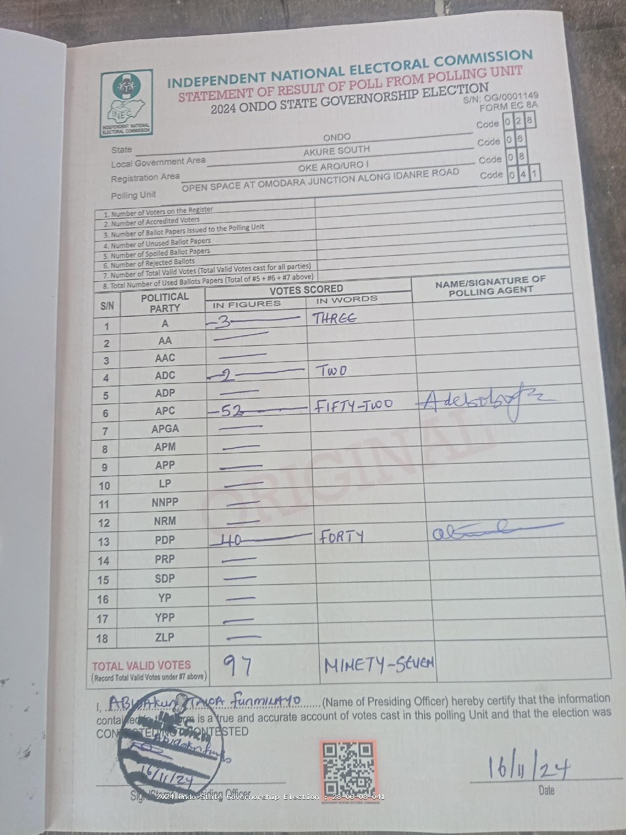 Result sheet for polling unit 28/06/08/041, Open Space At Omodara Junction Along Idanre Road