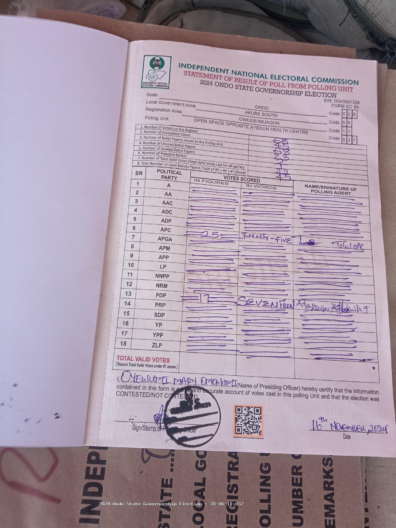 Result sheet for polling unit 28/06/11/037, Open Space Opposite Ayedun Health Centre