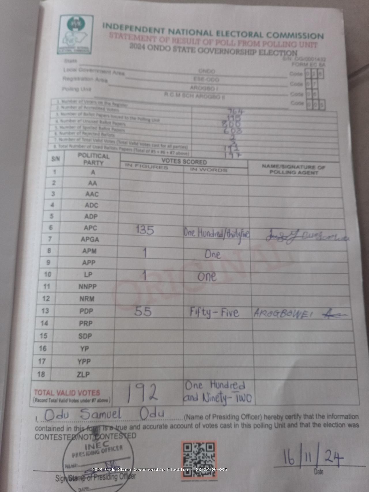 Result sheet for polling unit 28/07/06/005, R.C.M Sch Arogbo II
