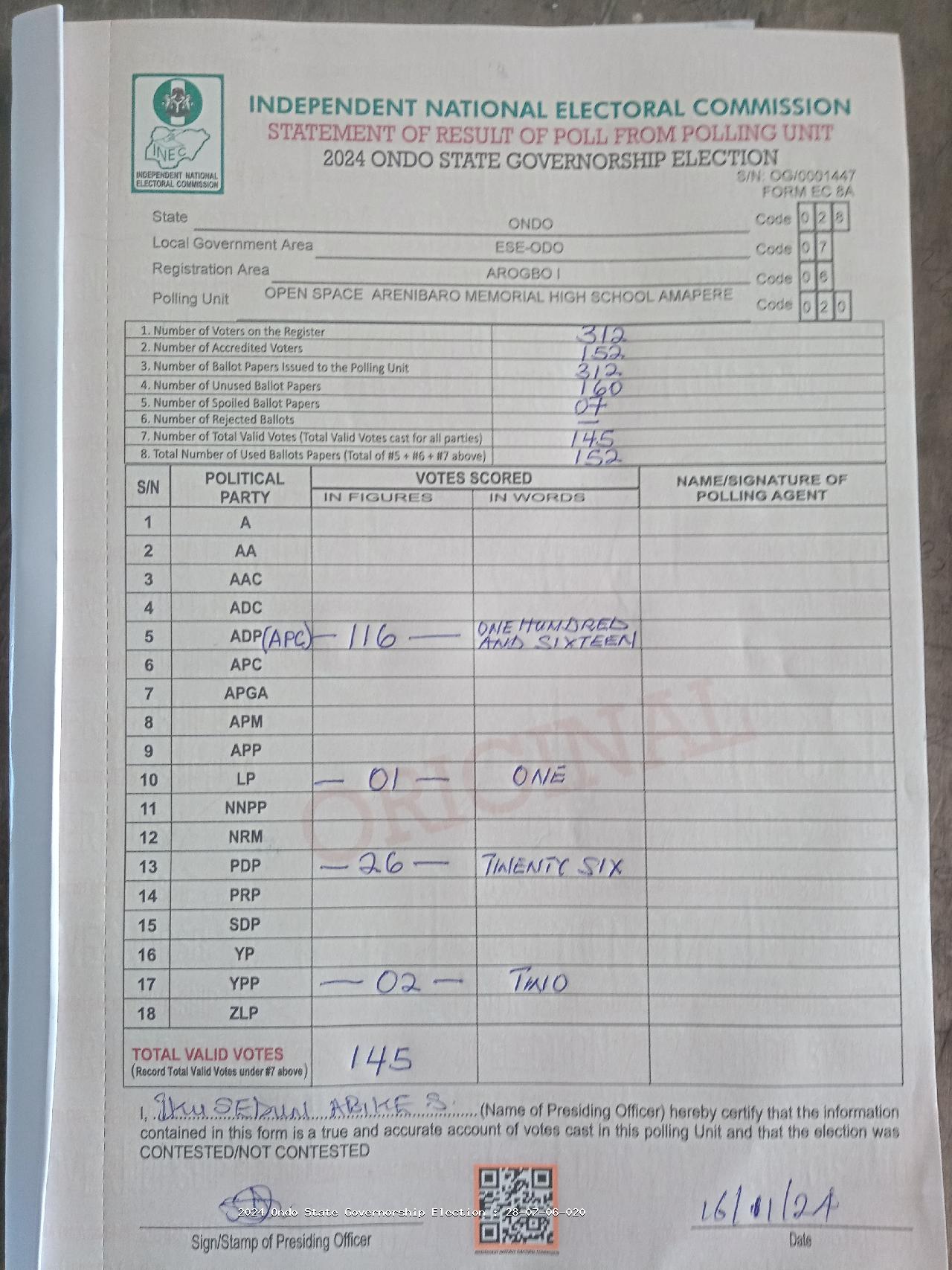 Result sheet for polling unit 28/07/06/020, Open Space Arenibaro Memorial High School Amapere