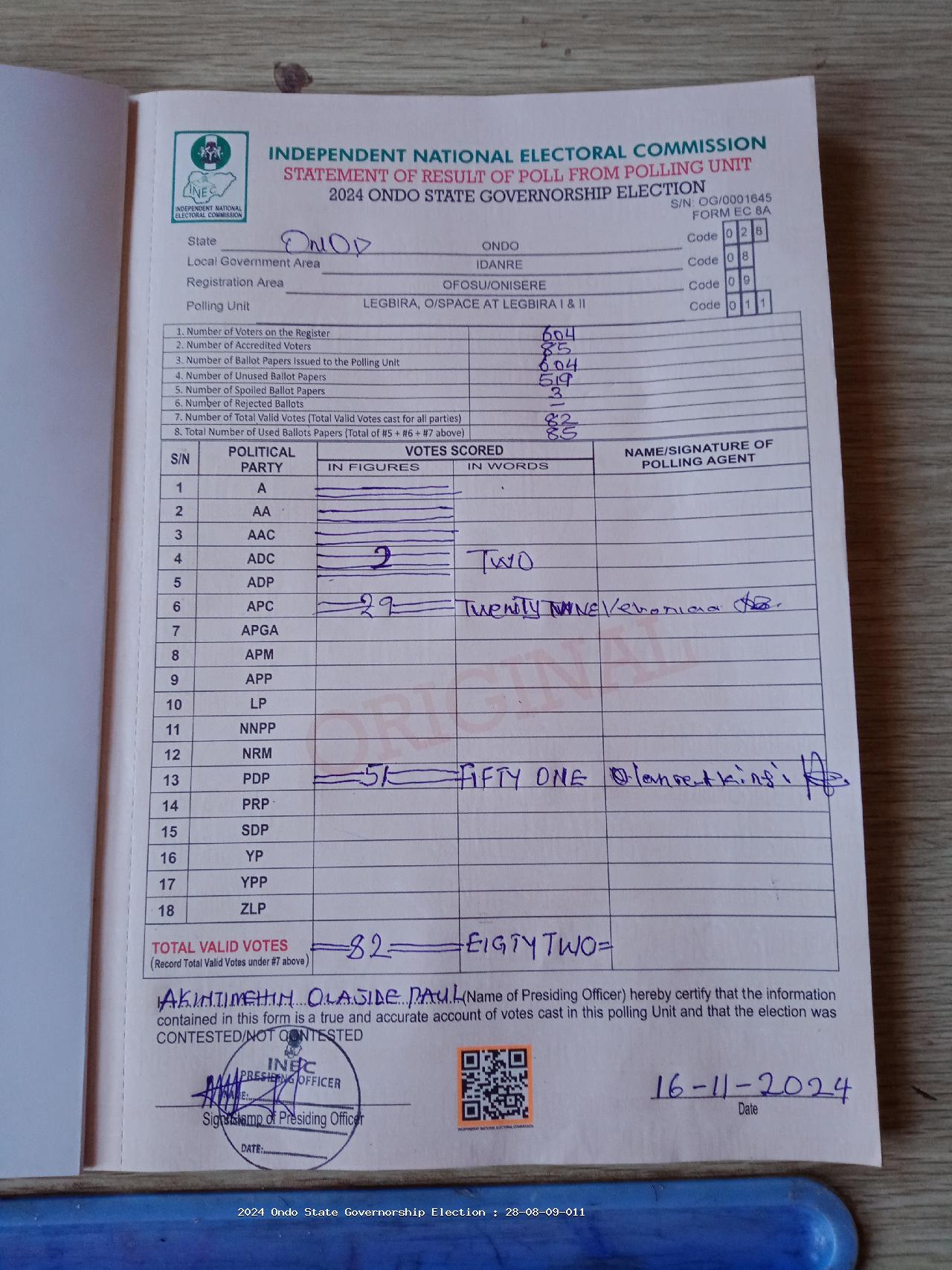 Result sheet for polling unit 28/08/09/011, Legbira, O/Space At Legbira I & II