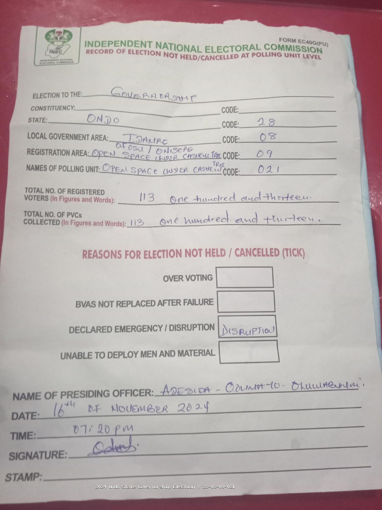 Result sheet for polling unit 28/08/09/021, Open Space Under Cashew Tree In Front Of Babashorun Cmp Imola 2 Ajebambo