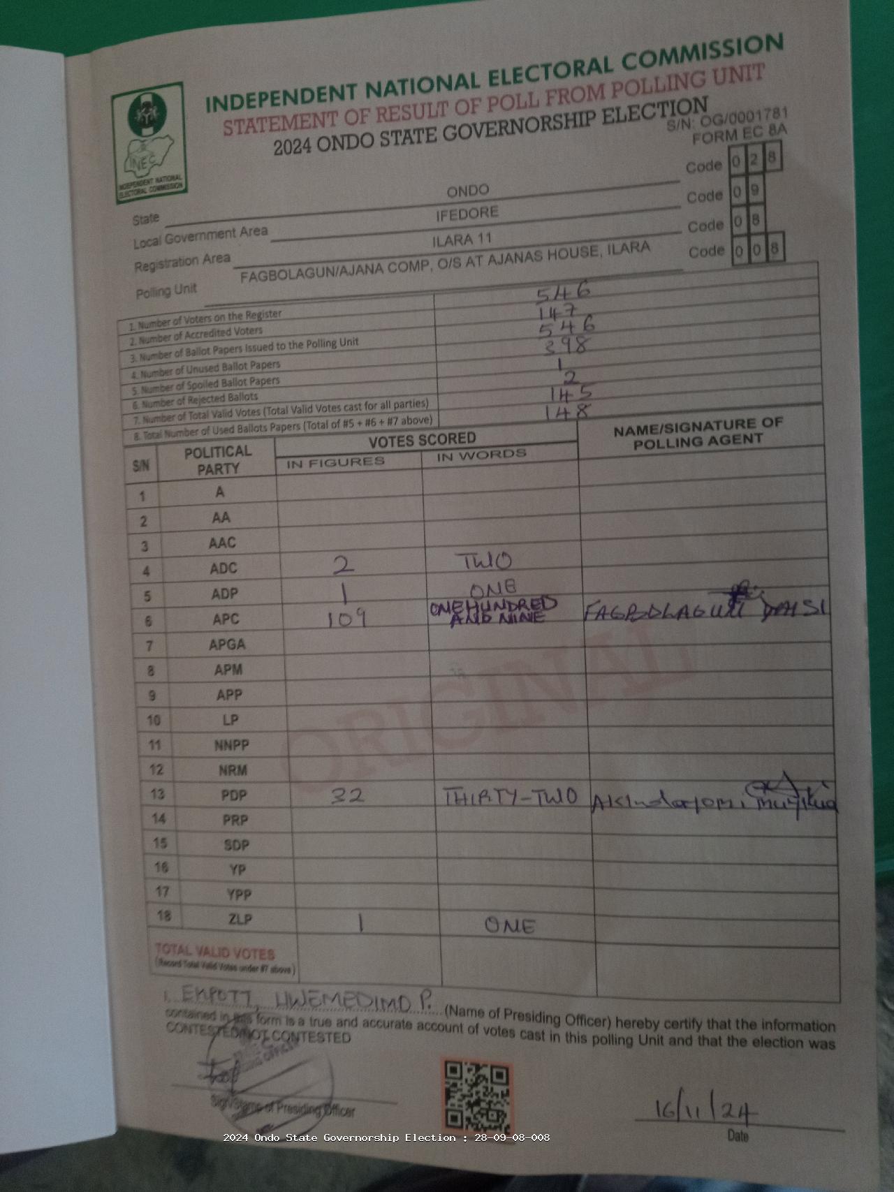 Result sheet for polling unit 28/09/08/008, Fagbolagun/Ajana Comp, O/S At Ajanas House, Ilara