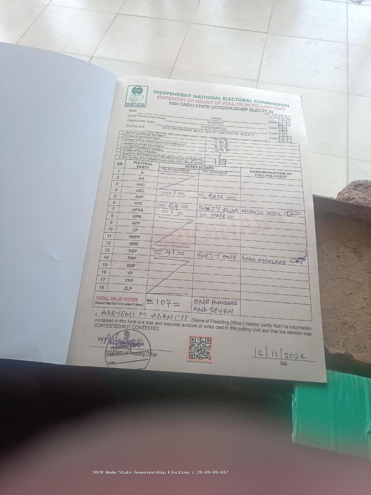 Result sheet for polling unit 28/09/09/017, Oke Iwoye/Isae Ibule: O/S At Oke Iwoye, Ibule II