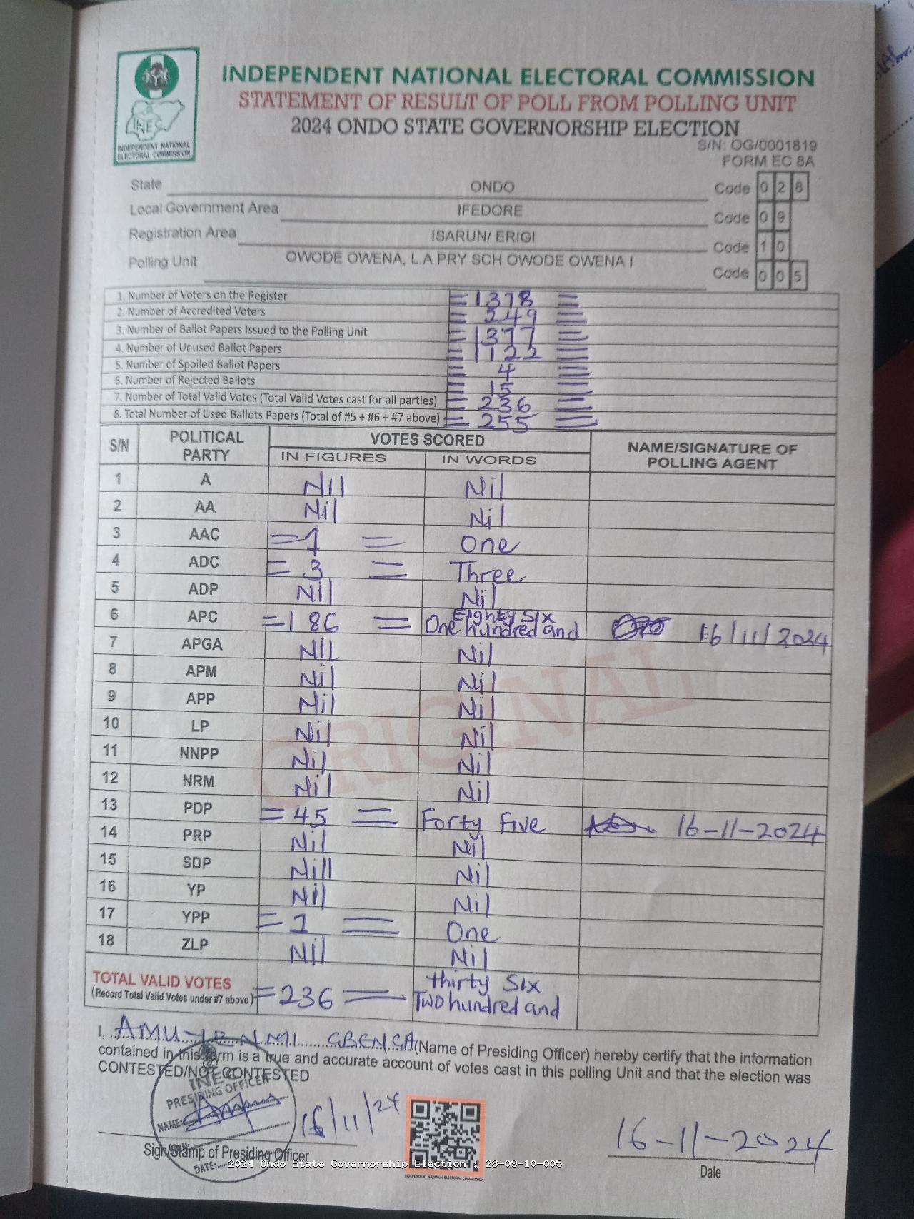 Result sheet for polling unit 28/09/10/005, Owode Owena, L.A Pry Sch Owode Owena I