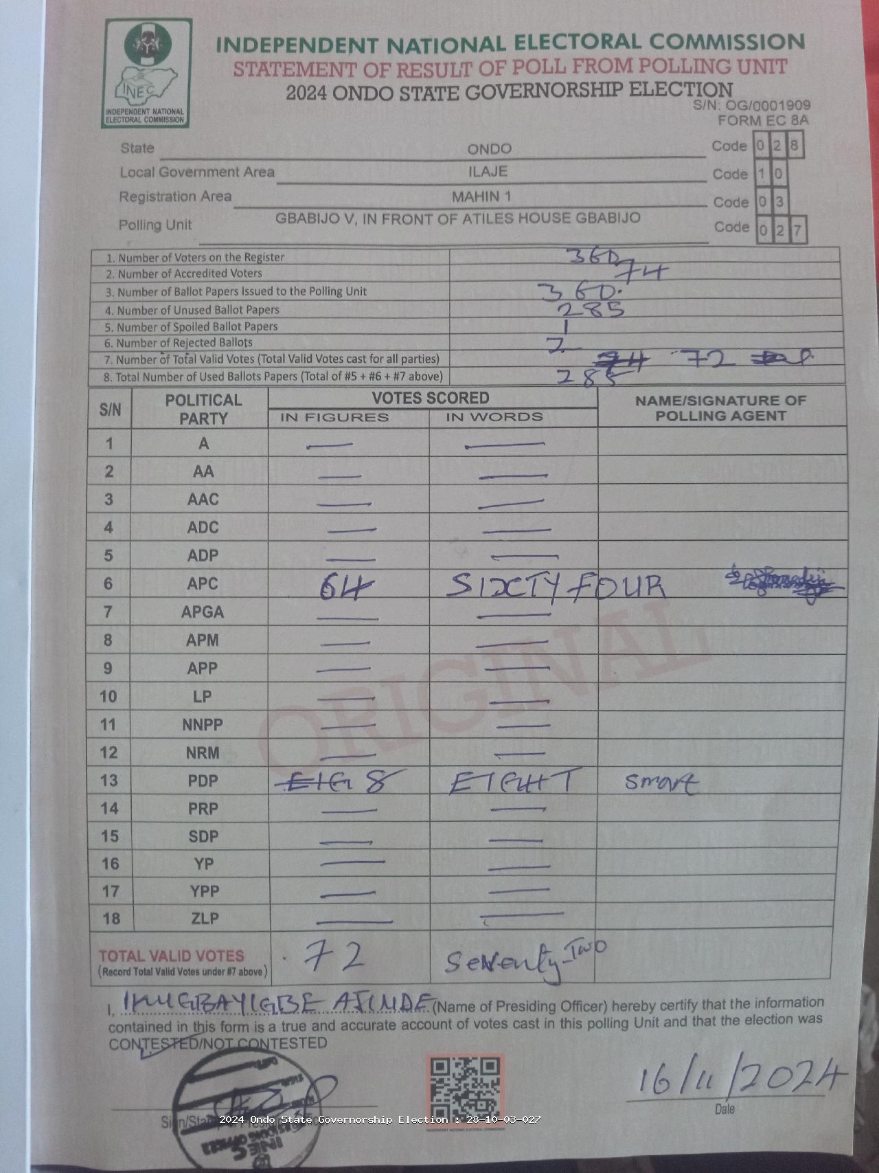Result sheet for polling unit 28/10/03/027, Gbabijo V, In Front Of Atiles House Gbabijo