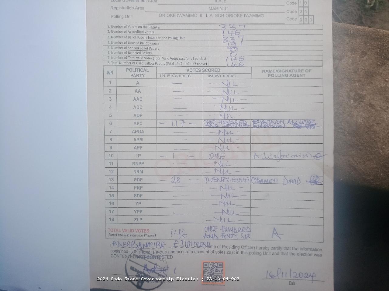 Result sheet for polling unit 28/10/04/003, Orioke Iwamimo III: L.A Sch Orioke Iwamimo