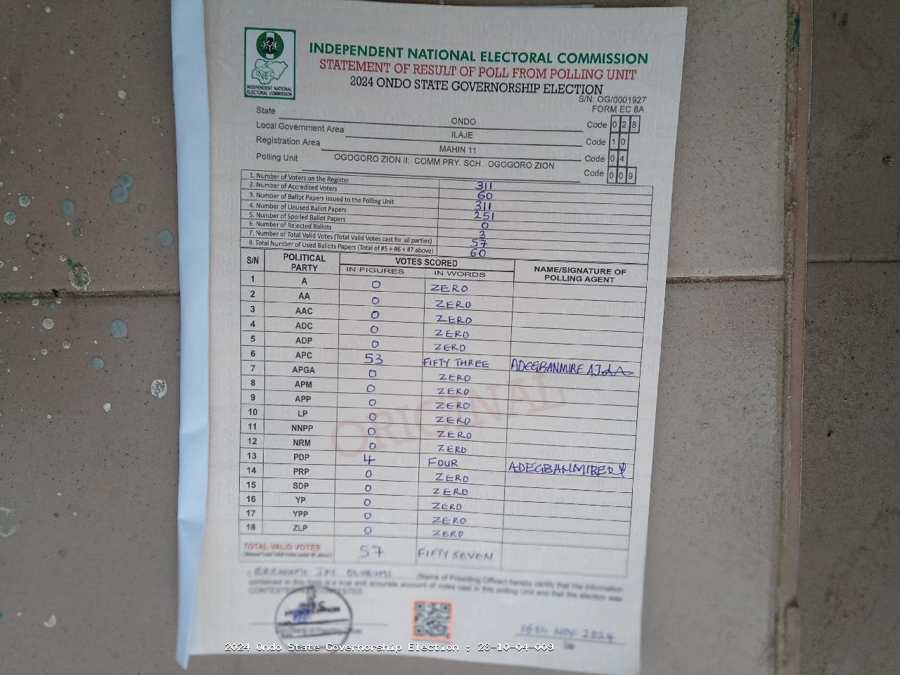 Result sheet for polling unit 28/10/04/009, Ogogoro Zion II: Comm Pry. Sch. Ogogoro Zion
