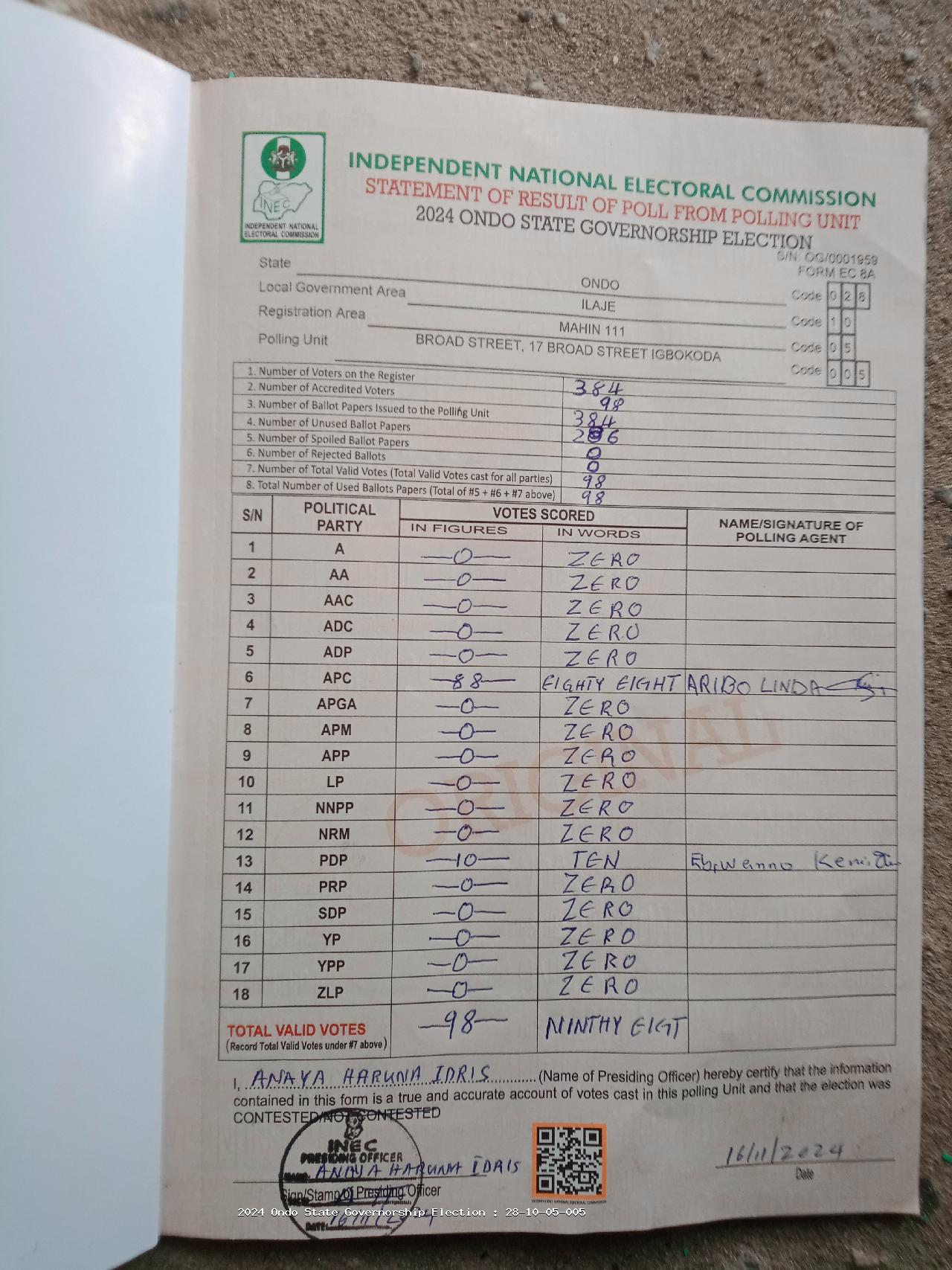 Result sheet for polling unit 28/10/05/005, Broad Street, 17 Broad Street Igbokoda