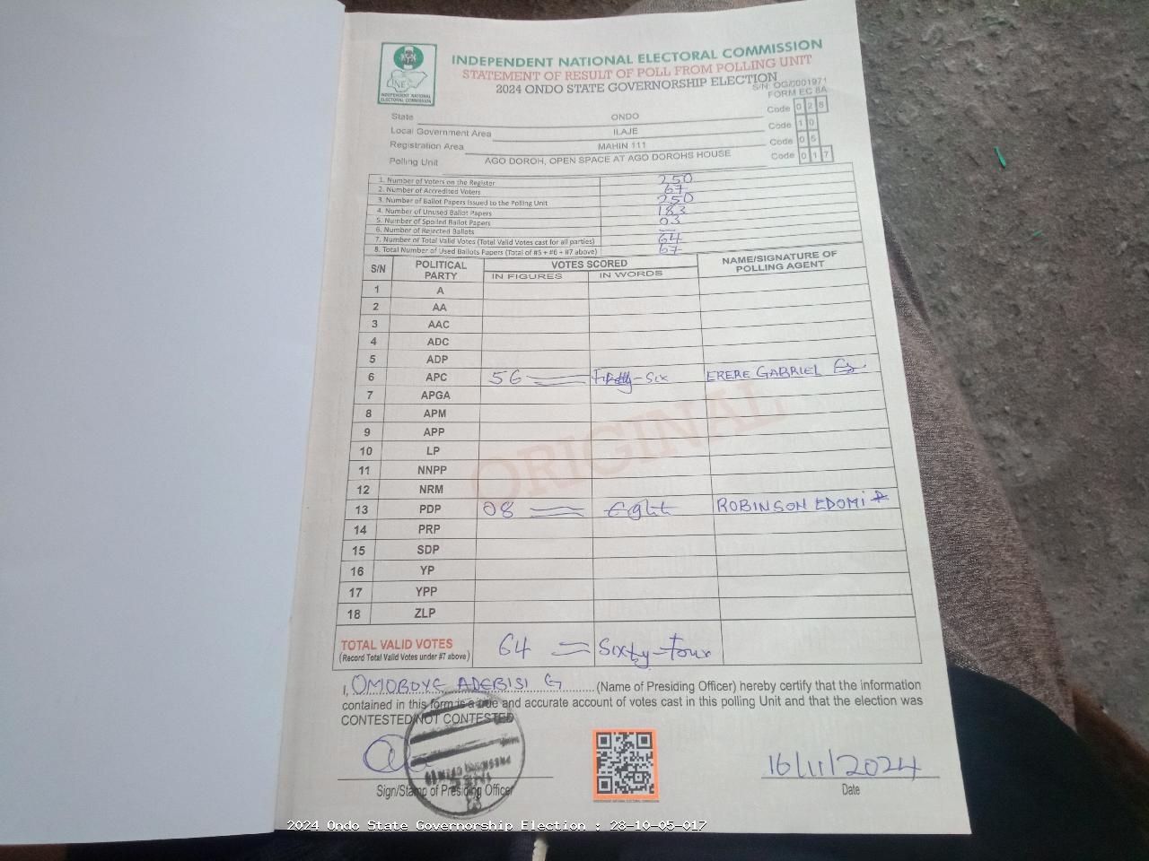 Result sheet for polling unit 28/10/05/017, Ago Doroh, Open Space At Ago Dorohs House