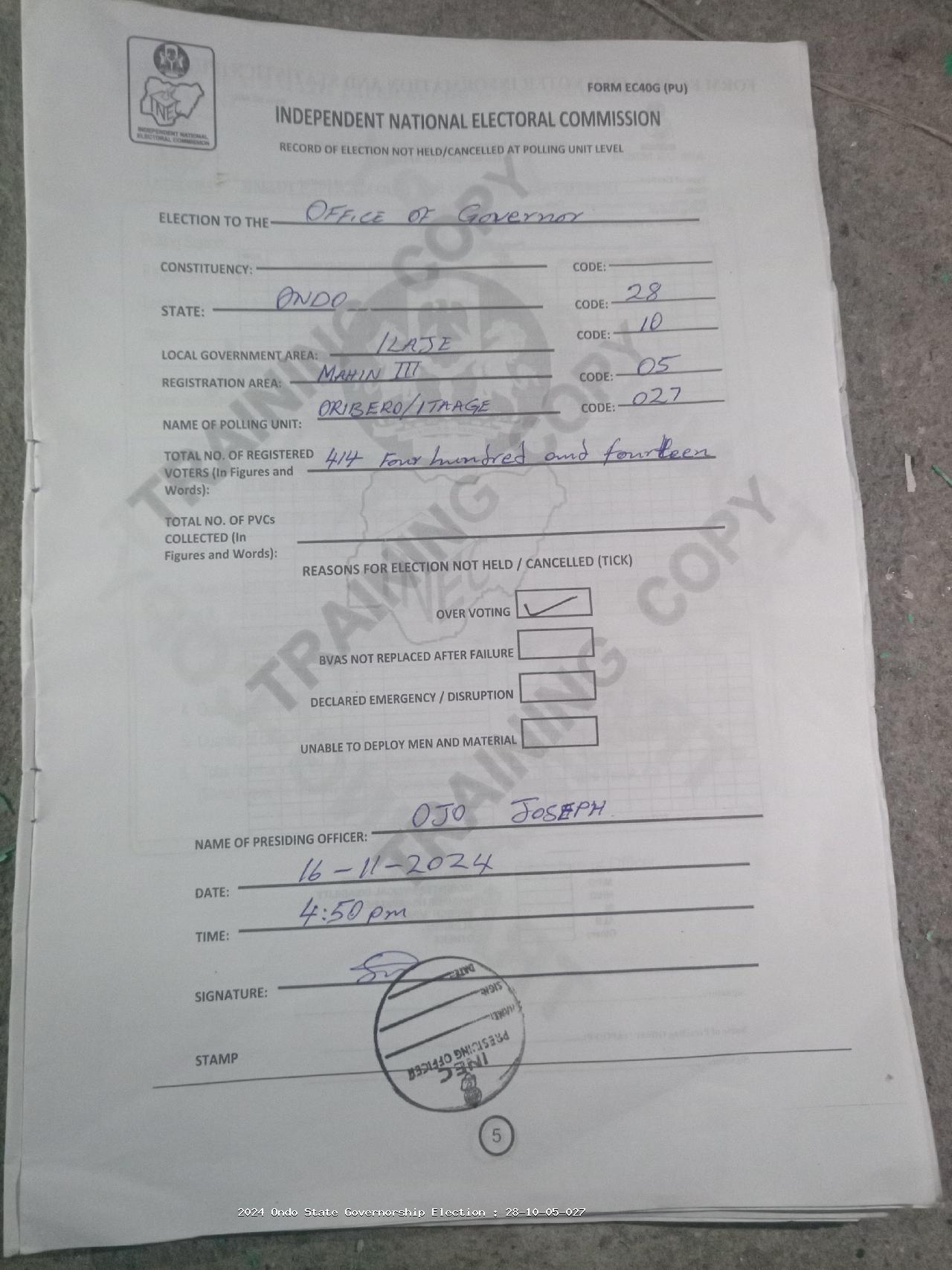 Result sheet for polling unit 28/10/05/027, Oribero/ Itaage/ Ojatitun, Open Space At Itaage