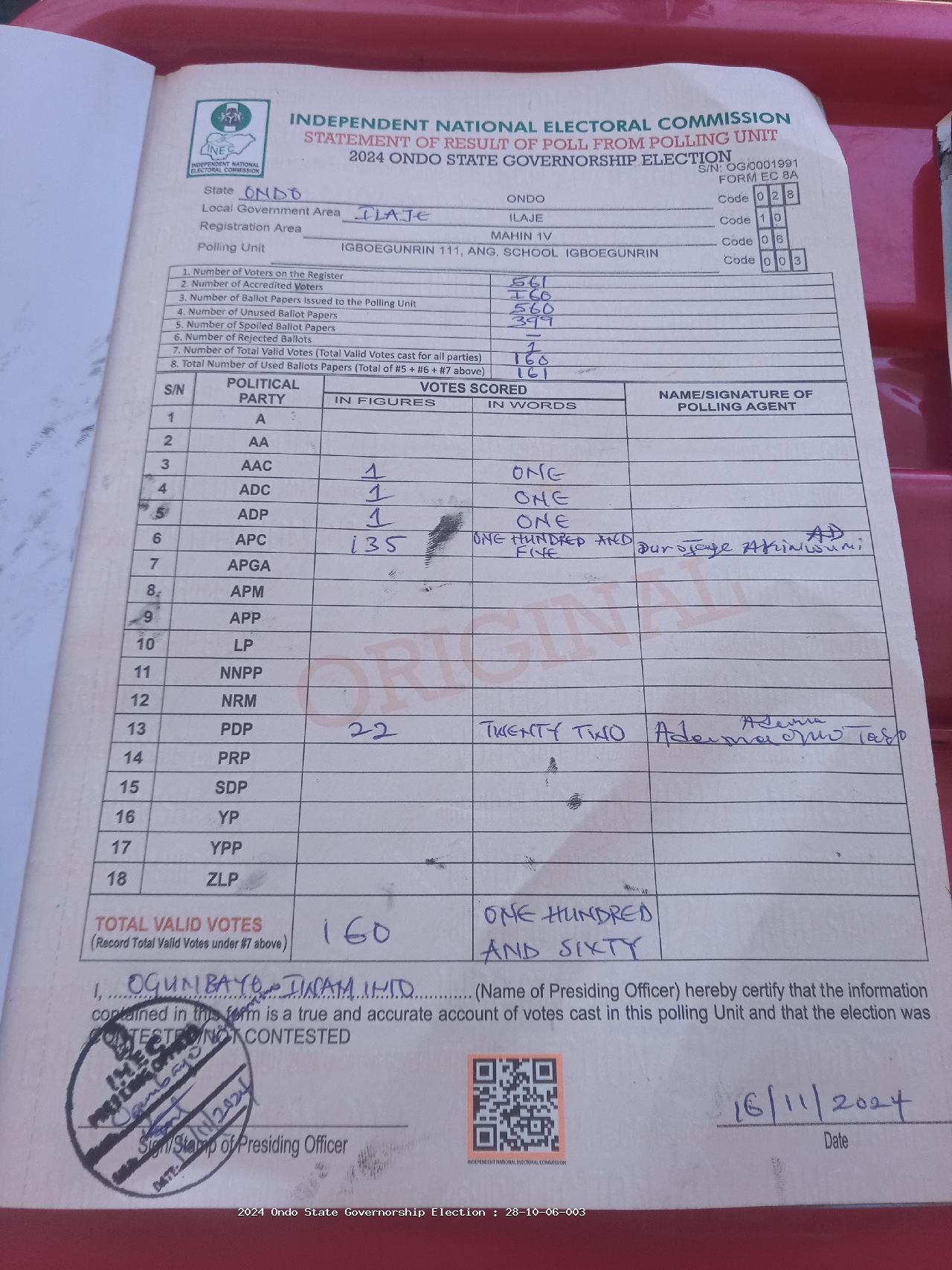 Result sheet for polling unit 28/10/06/003, Igboegunrin 111, Ang. School Igboegunrin