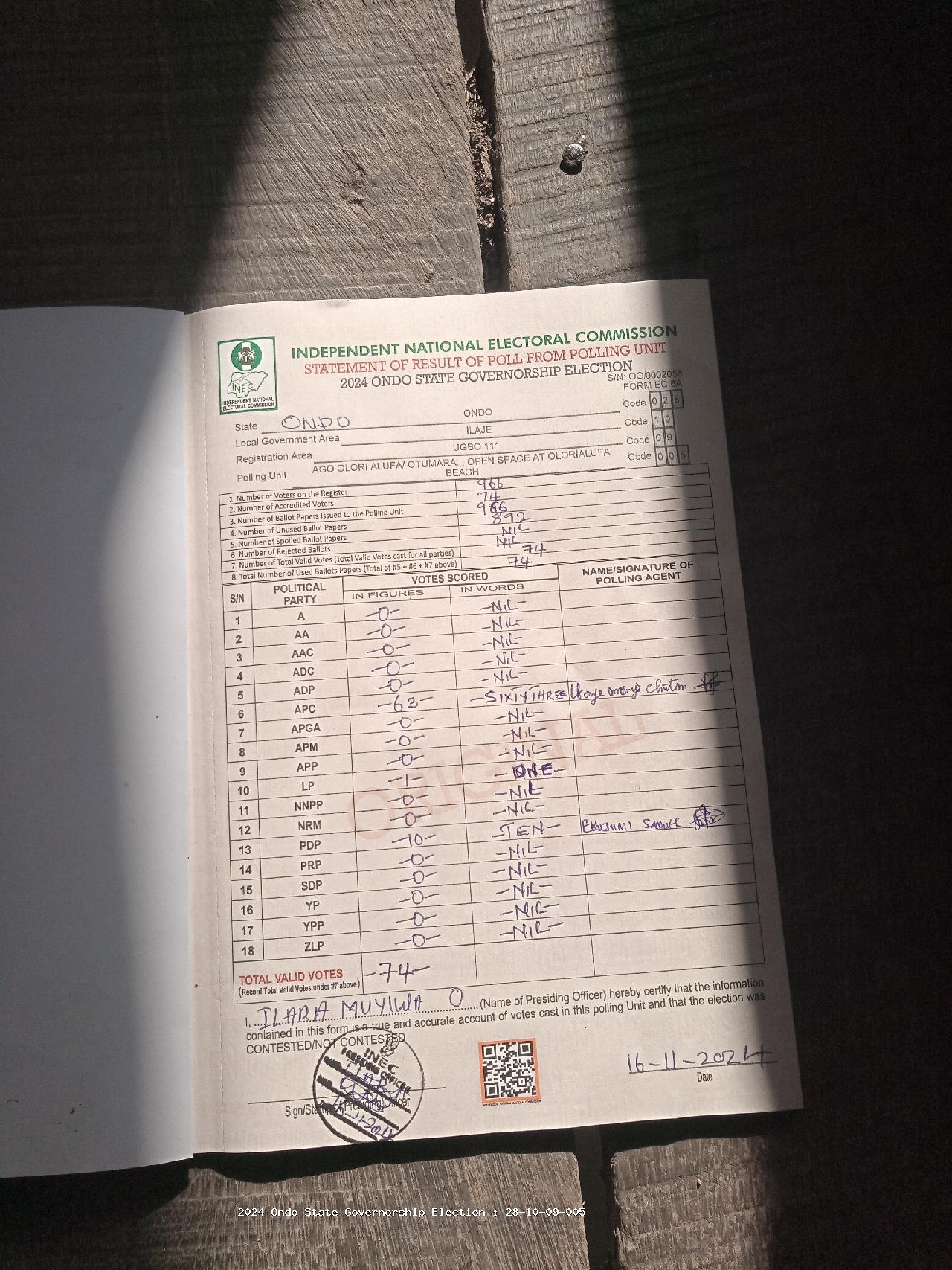 Result sheet for polling unit 28/10/09/005, Ago Olori Alufa/ Otumara: , Open Space At Olorialufa Beach