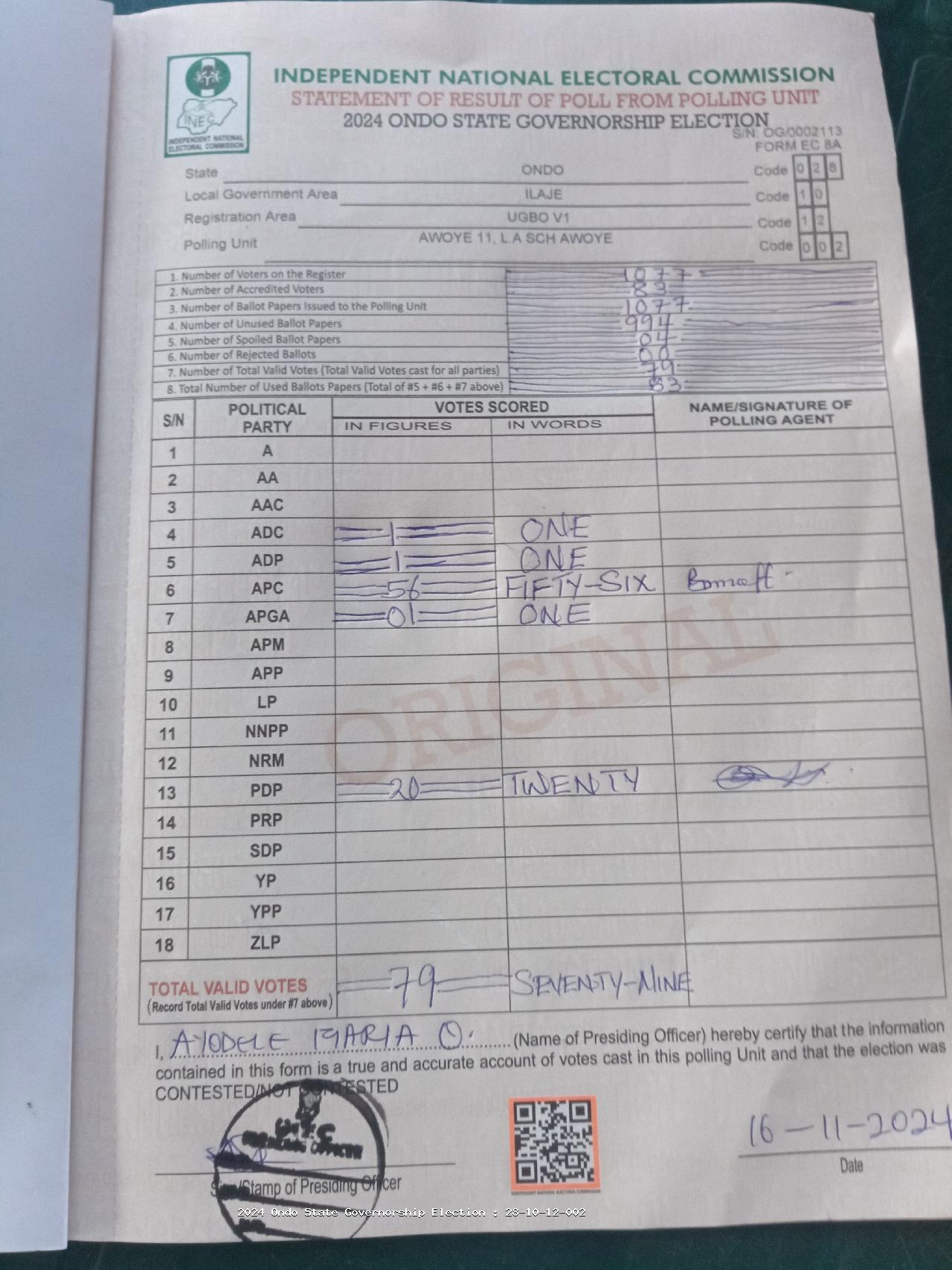 Result sheet for polling unit 28/10/12/002, Awoye 11, L.A Sch Awoye