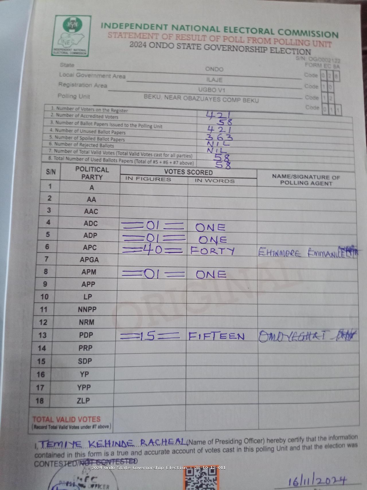 Result sheet for polling unit 28/10/12/011, Beku, Near Obazuayes Comp Beku