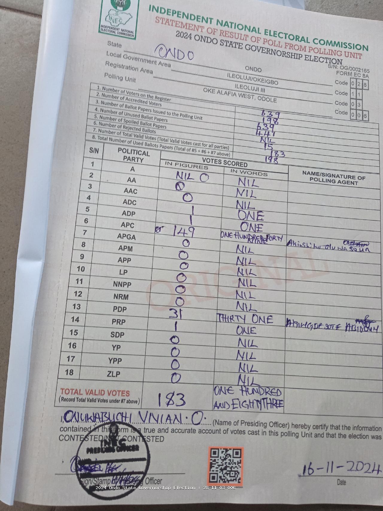 Result sheet for polling unit 28/11/03/006, Oke Alafia West, Odole