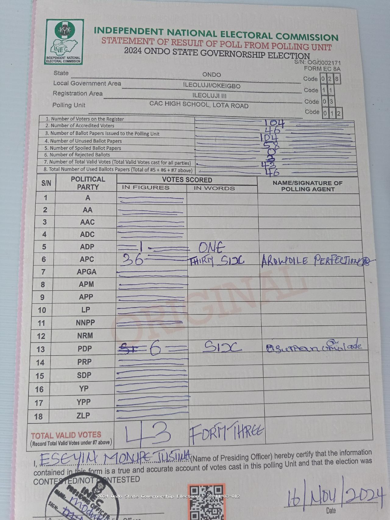 Result sheet for polling unit 28/11/03/012, Cac High School, Lota Road