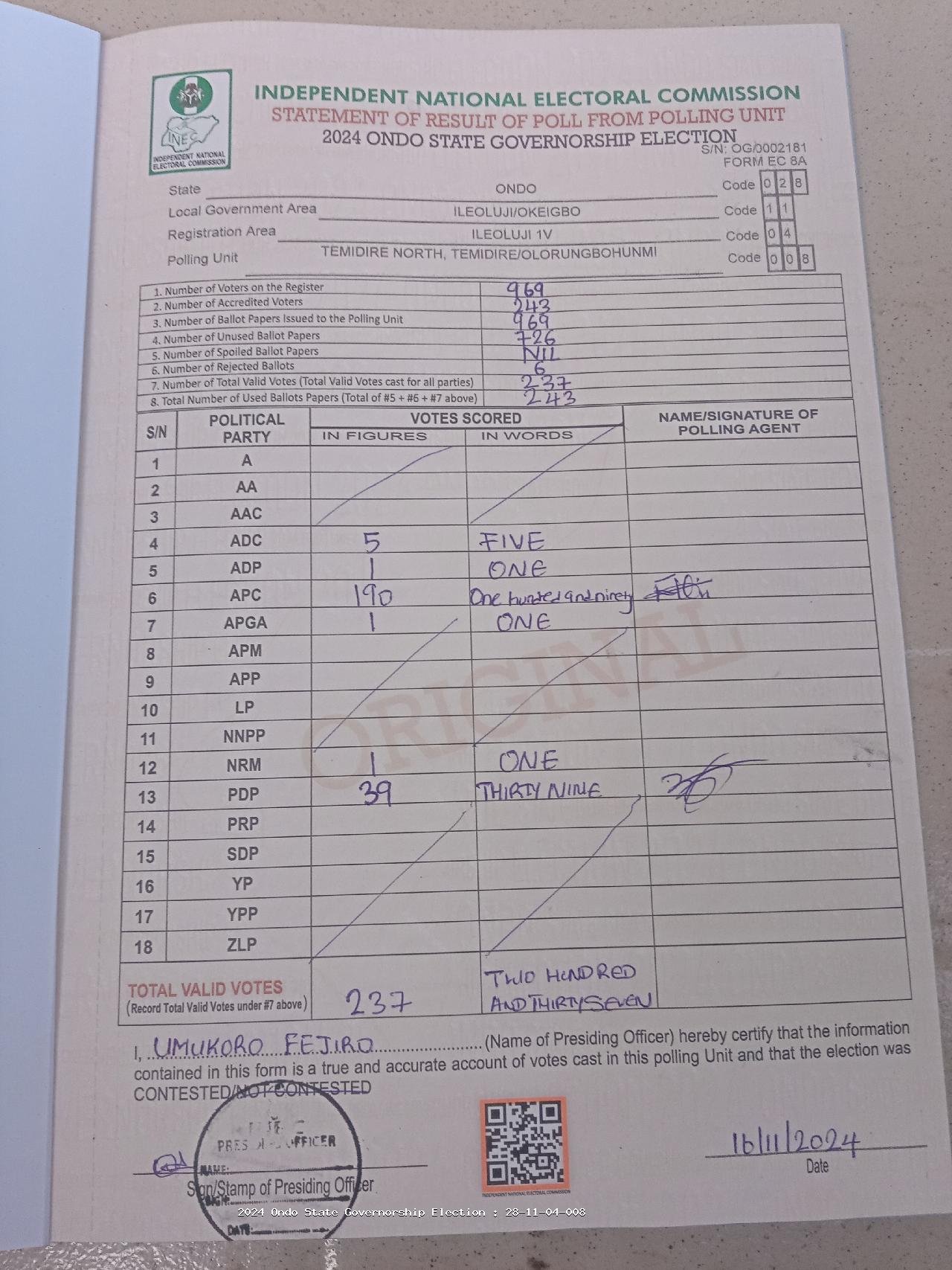 Result sheet for polling unit 28/11/04/008, Temidire North, Temidire/Olorungbohunmi