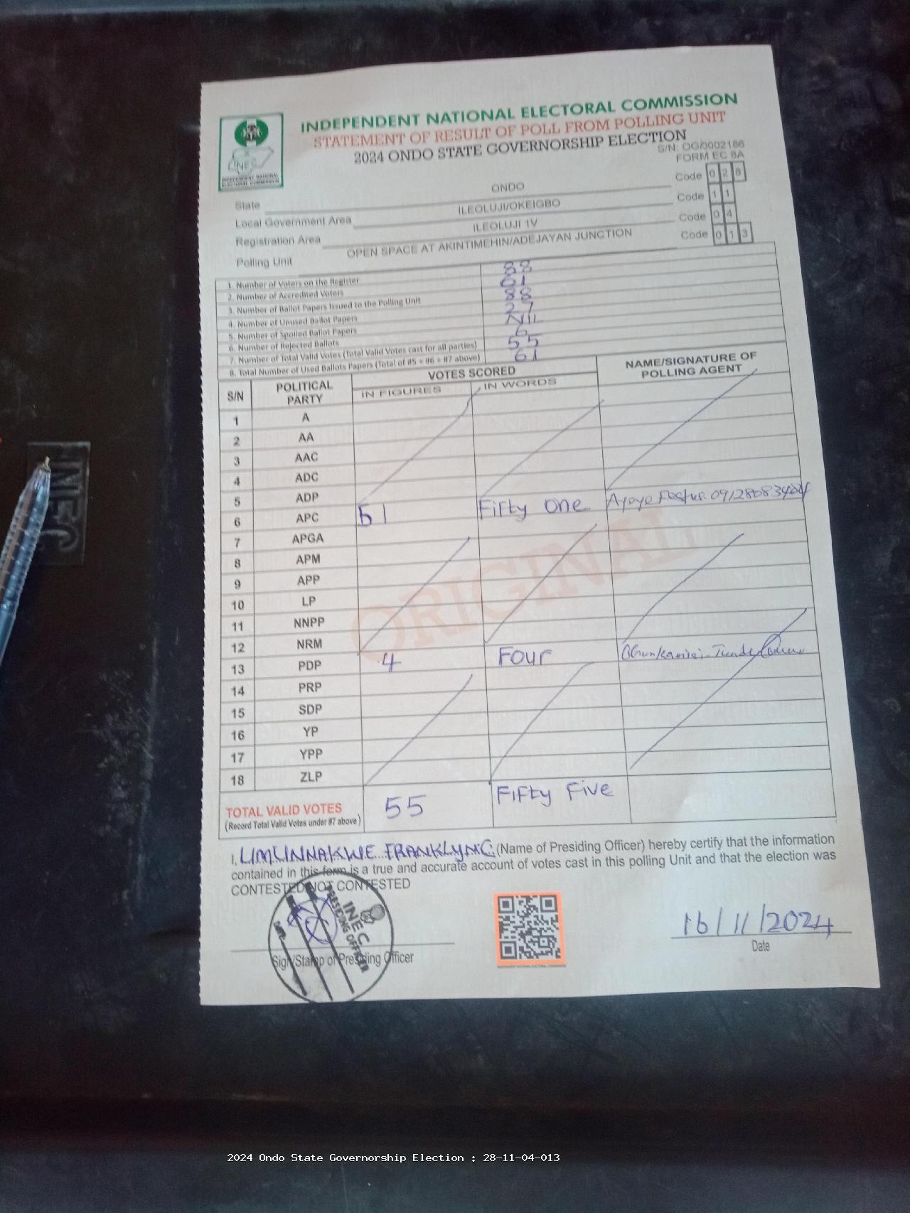 Result sheet for polling unit 28/11/04/013, Open Space At Akintimehin/Adejayan Junction