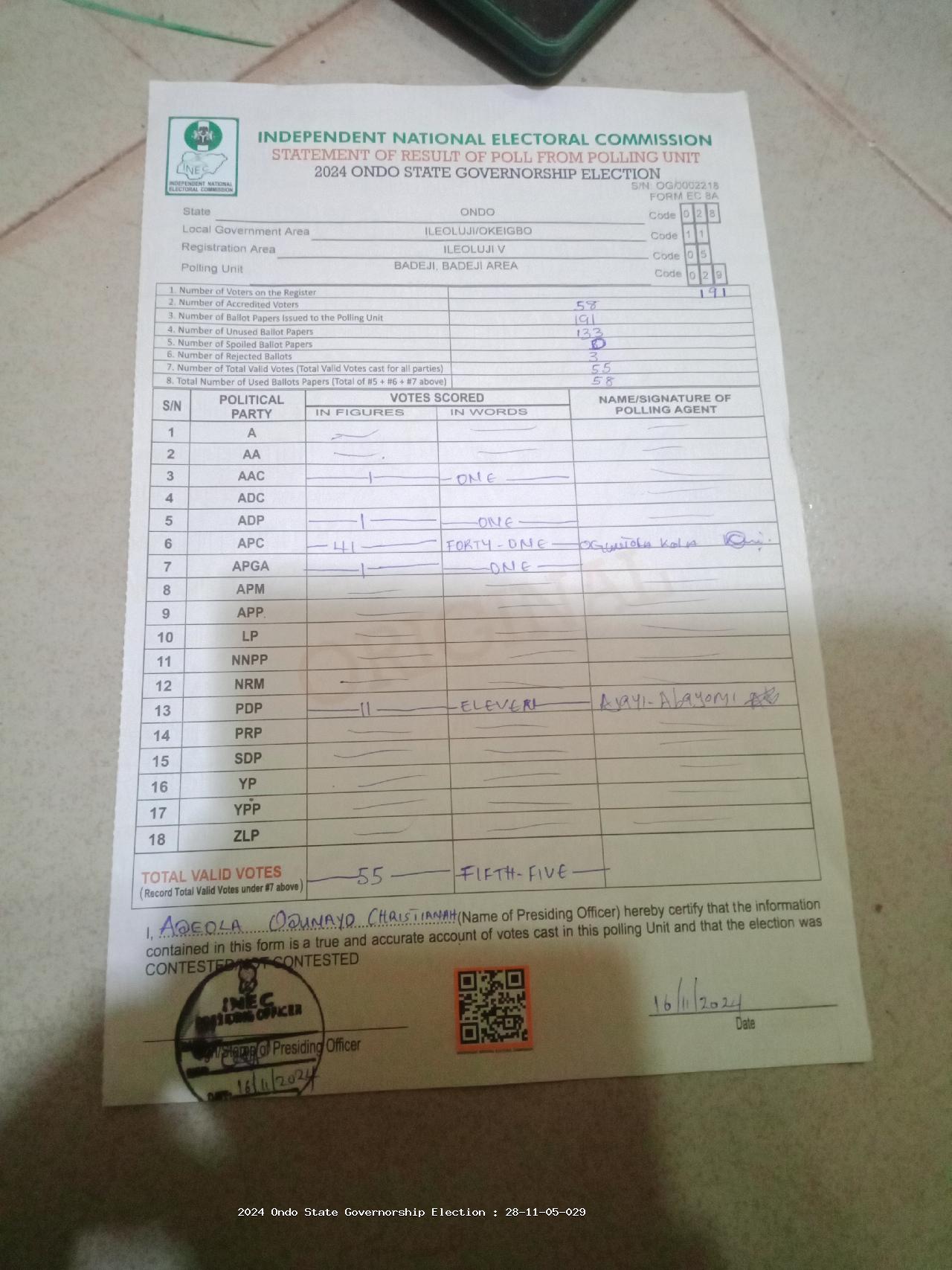 Result sheet for polling unit 28/11/05/029, Badeji, Badeji Area