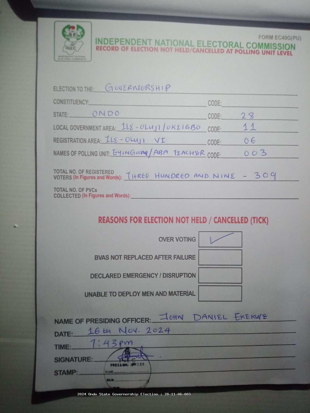 Result sheet for polling unit 28/11/06/003, Eyingun, Eyingun/Lumole Komowa/Aba Teacher