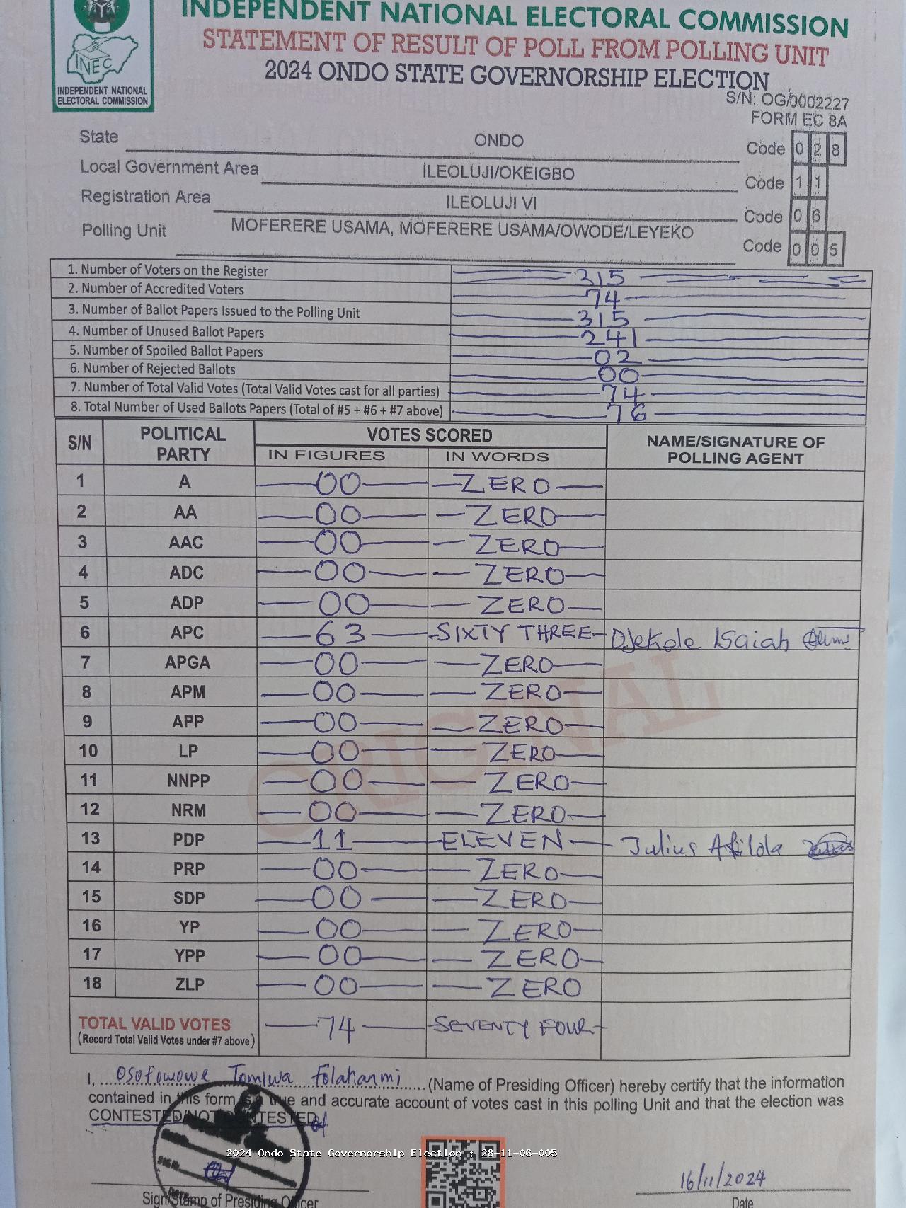 Result sheet for polling unit 28/11/06/005, Moferere Usama, Moferere Usama/Owode/Leyeko